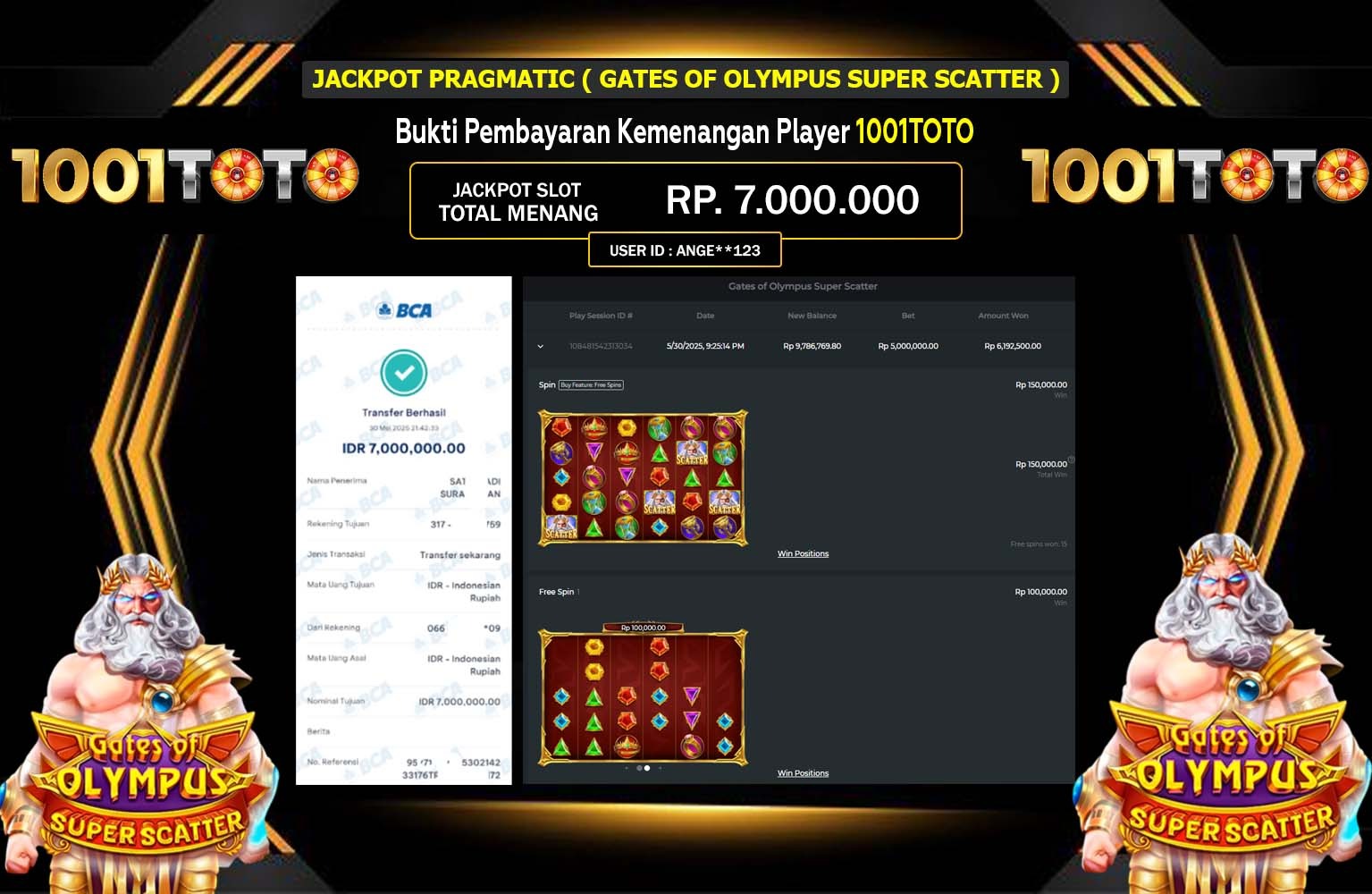 1001TOTO JACKPOT Pragmatic (Gates of Olympus Super Scatter) Rp.7.000.000,- LUNAS