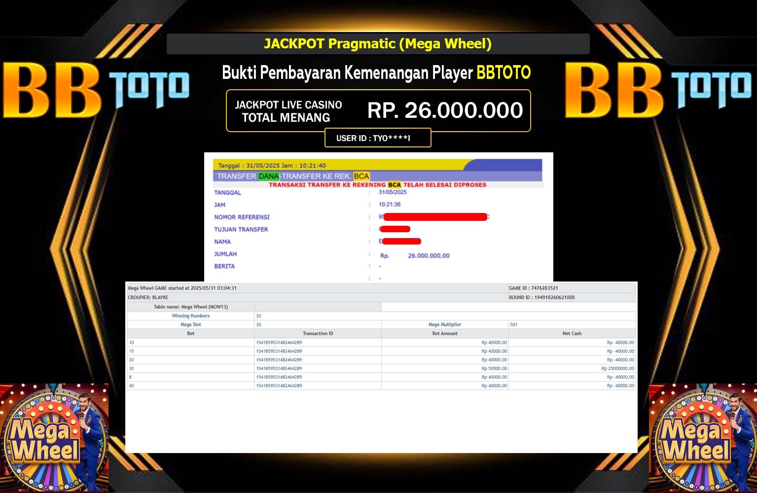 BBTOTO JACKPOT Pragmatic (Mega Wheel) Rp.26.000.000,- LUNAS