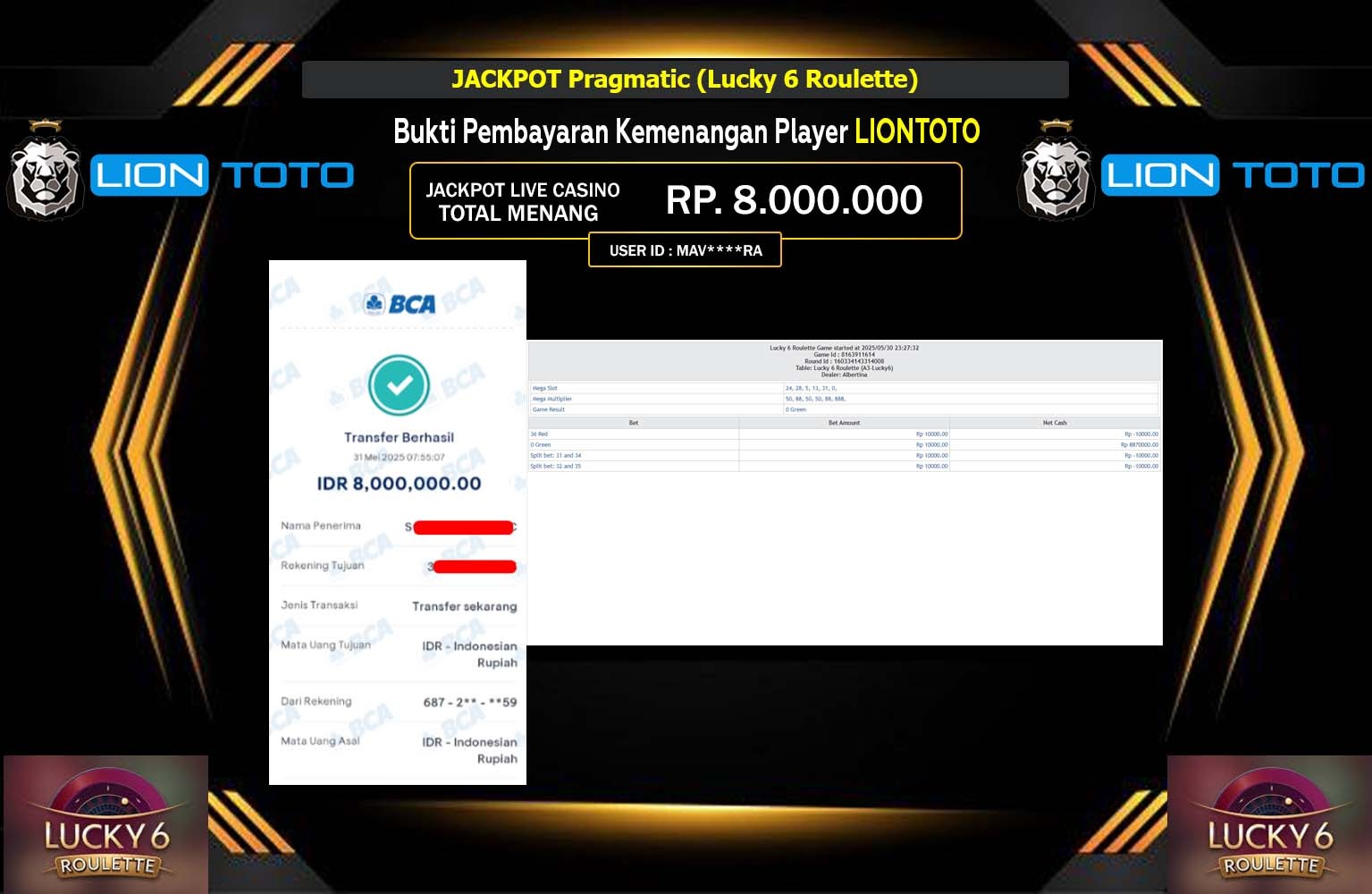 LIONTOTO JACKPOT  Pragmatic (Lucky 6 Roulette)  2 Rp.8.000.000,- LUNAS