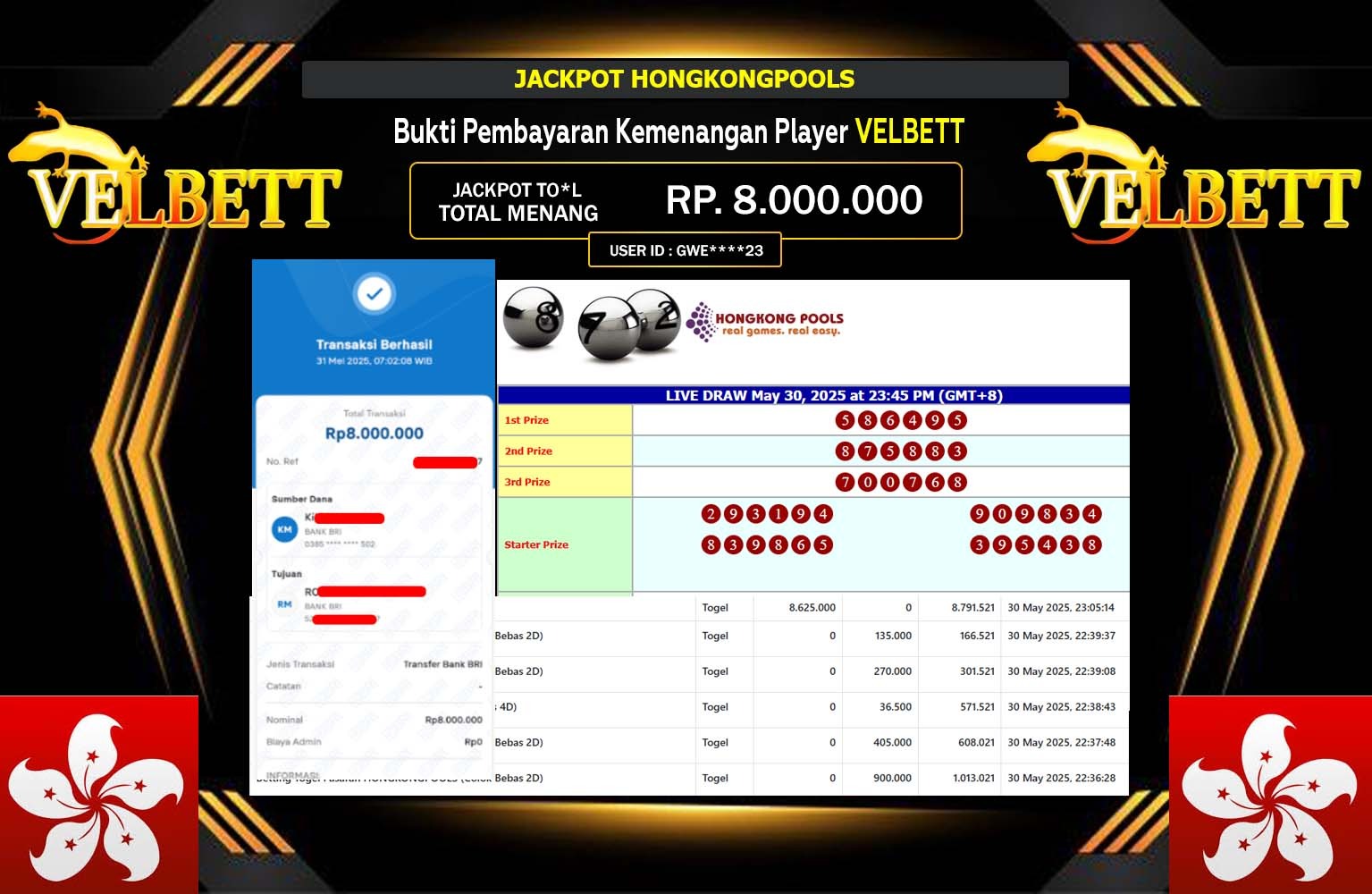VELBETT JACKPOT HONGKONG POOLS Rp.8.000.000,- LUNAS