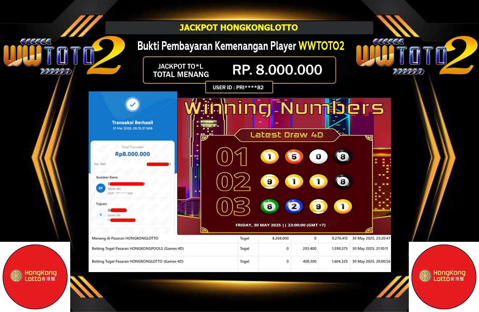 WWTOTO2 JACKPOT HONGKONG LOTTO Rp.8.000.000,- LUNAS