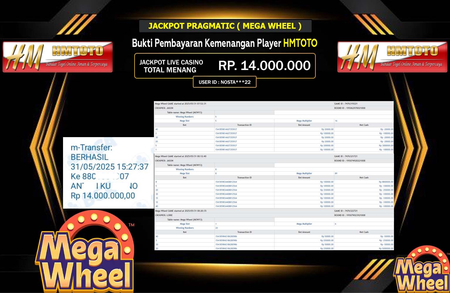 HMTOTO JACKPOT Pragmatic (Mega Wheel) Rp.14.000.000,- LUNAS