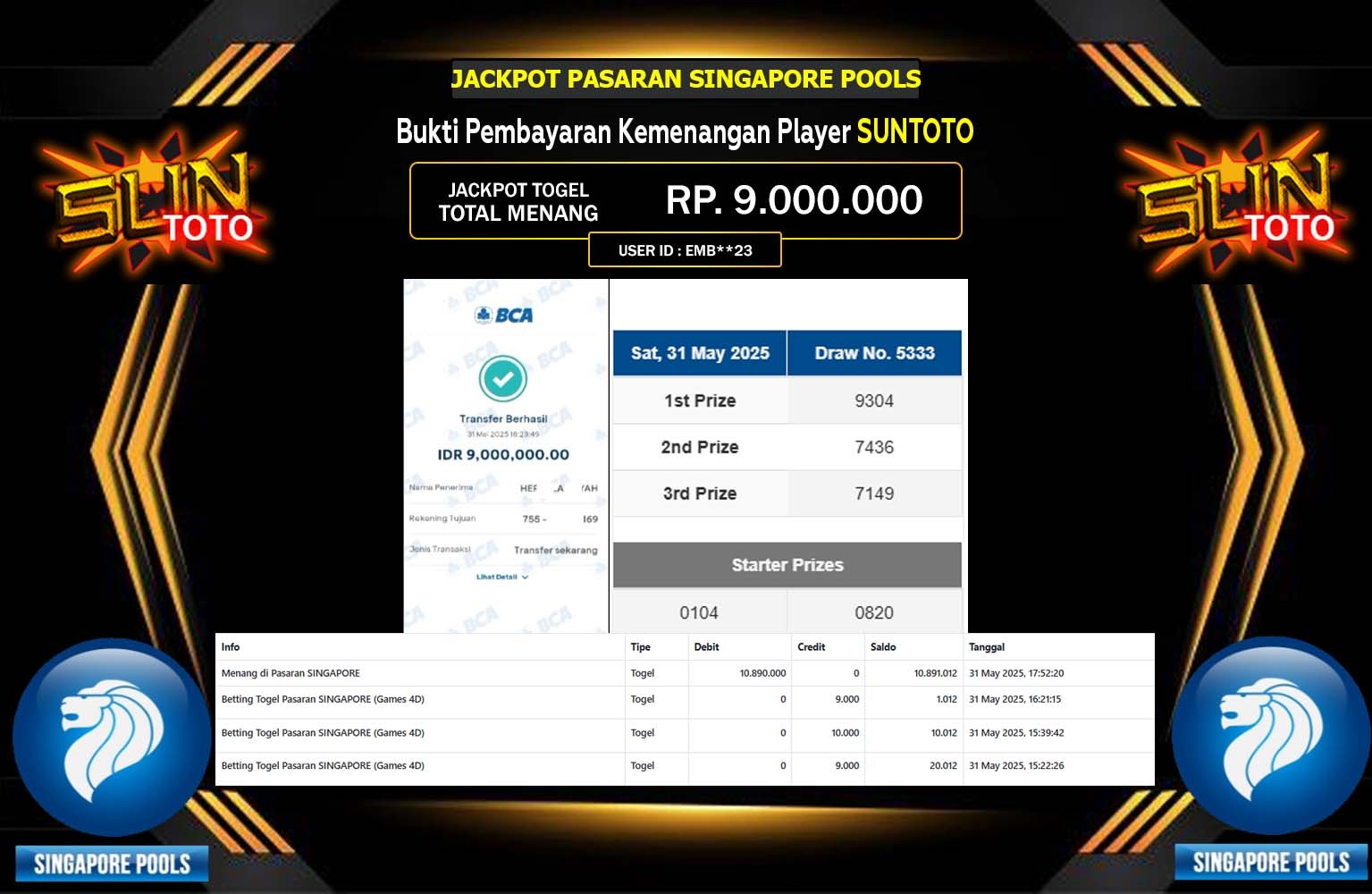 SUNTOTO JACKPOT PASARAN SINGAPORE POOLS Rp.9.000.000,- LUNAS