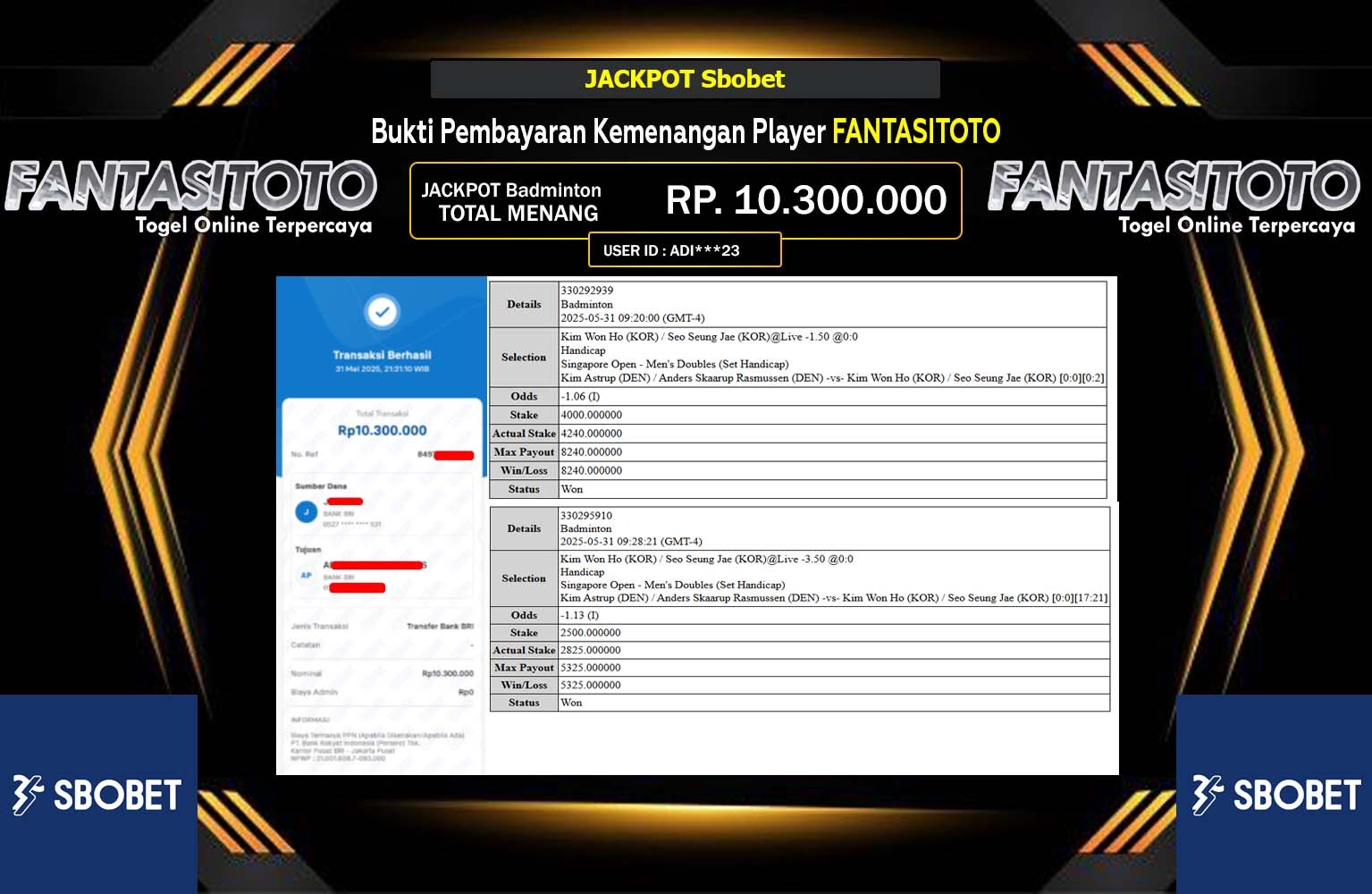 FANTASITOTO JACKPOT SBOBET  Rp.10.300.000,- LUNAS