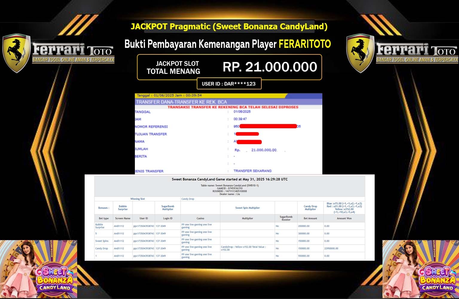 FERRARITOTO JACKPOT Pragmatic (Sweet Bonanza CandyLand) Rp.21.000.000,- LUNAS