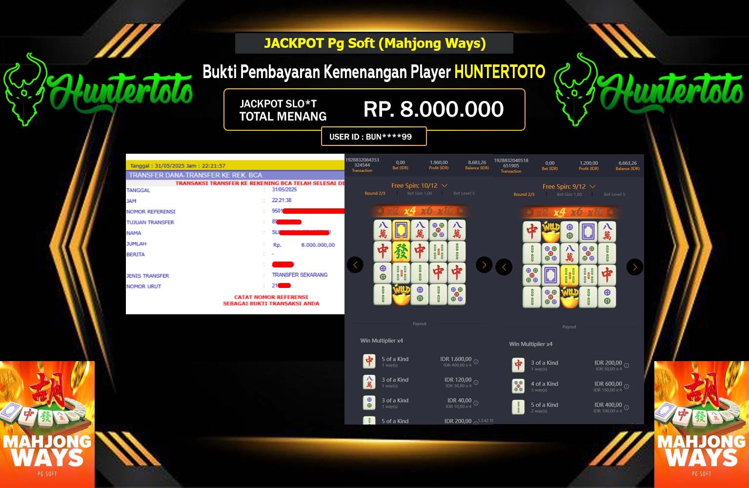 HUNTERTOTO JACKPOT Win Pg Soft (Mahjong Ways ) Rp.8.000.000,- LUNAS