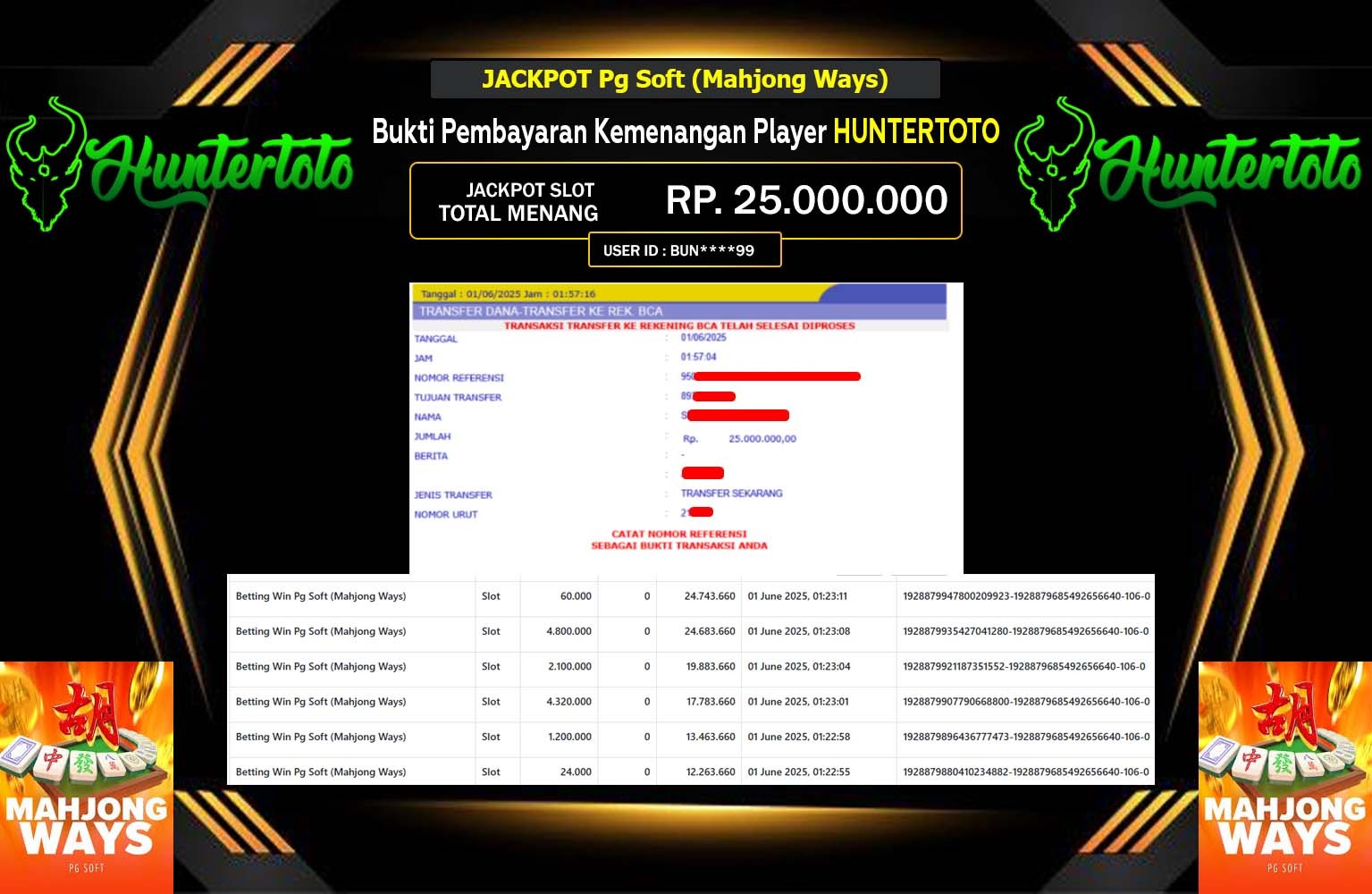 HUNTERTOTO JACKPOT Win Pg Soft (Mahjong Ways ) Rp.25.000.000,- LUNAS