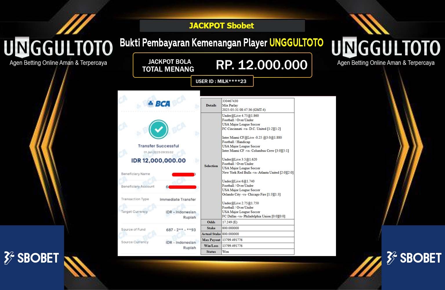 UNGGULTOTO JACKPOT SBOBET Rp.12.000.000,- LUNAS