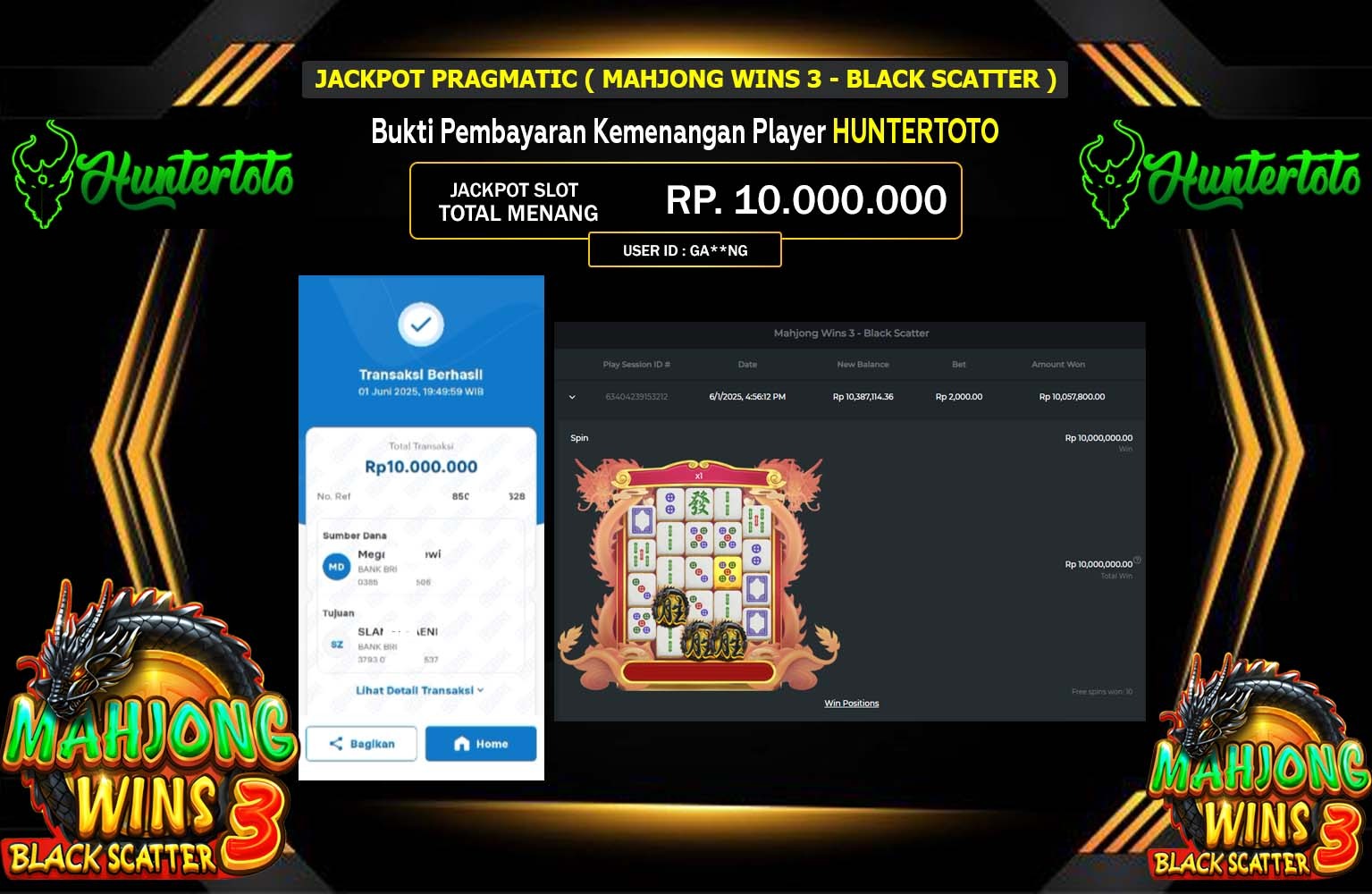 HUNTERTOTO JACKPOT Mahjong Wins 3 - Black Scatter Rp.10.000.000,- LUNAS