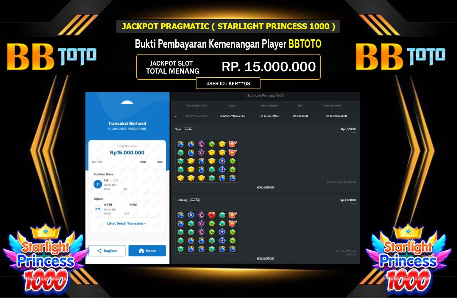 BBTOTO JACKPOT Starlight Princess 1000 Rp.15.000.000,- LUNAS