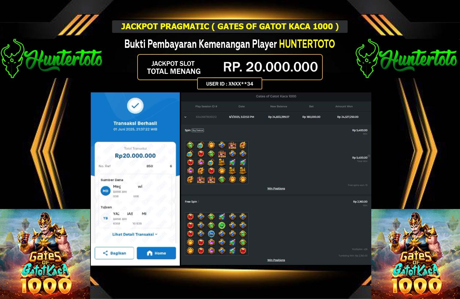 HUNTERTOTO JACKPOT Pragmatic (Gates of Gatot Kaca 1000) Rp.20.000.000,- LUNAS