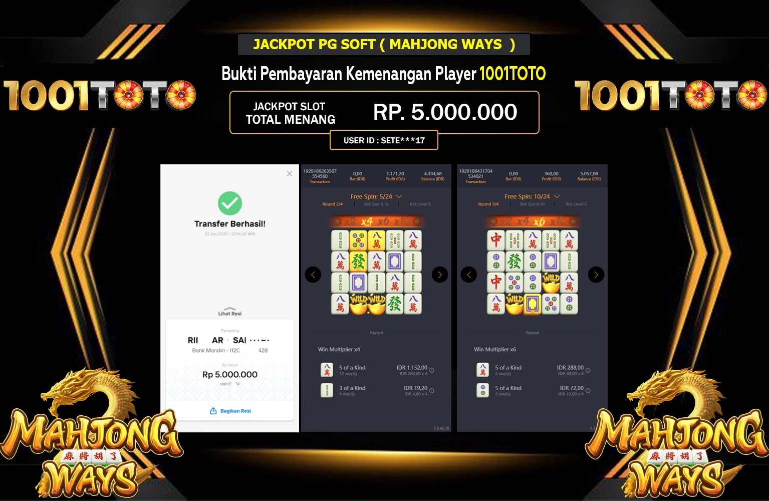 1001TOTO JACKPOT Pg Soft (Mahjong Ways) Rp.5.000.000,- LUNAS