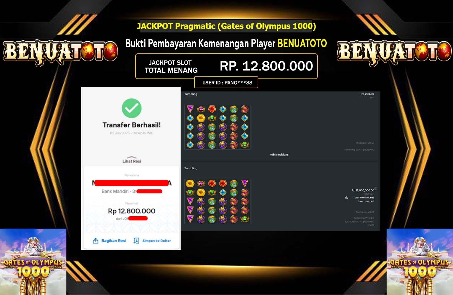 BENUATOTO JACKPOT Pragmatic (Gates of Olympus 1000) Rp.12.800.000,- LUNAS