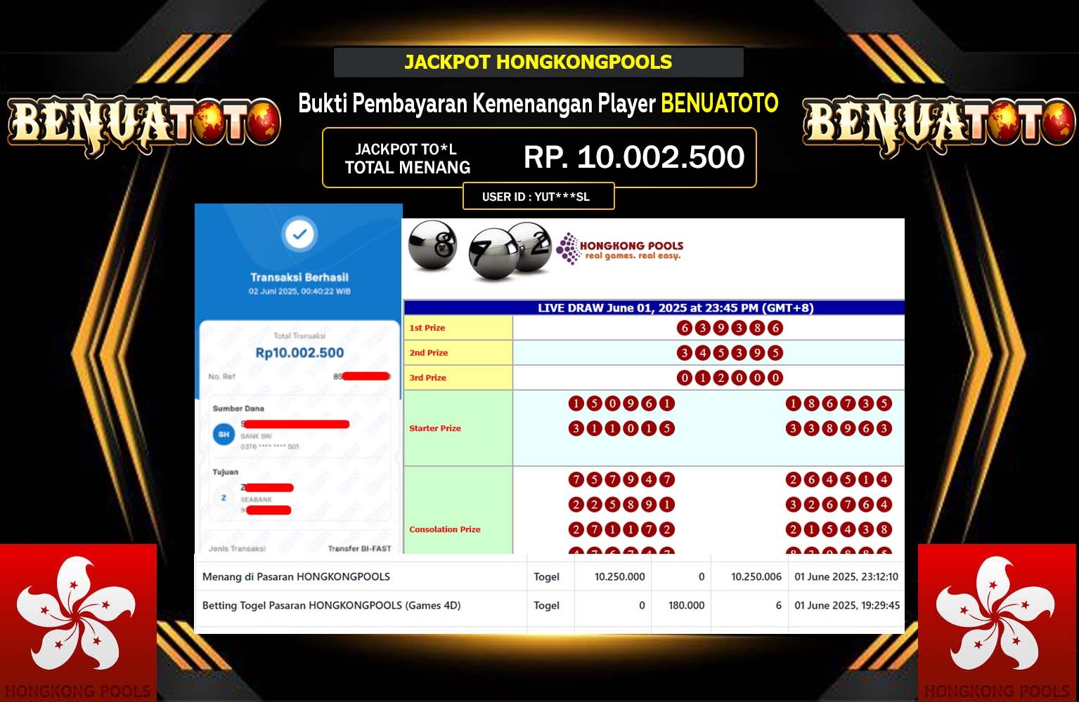 BENUATOTO JACKPOT HONGKONG  POOLS Rp.10.002.500,- LUNAS