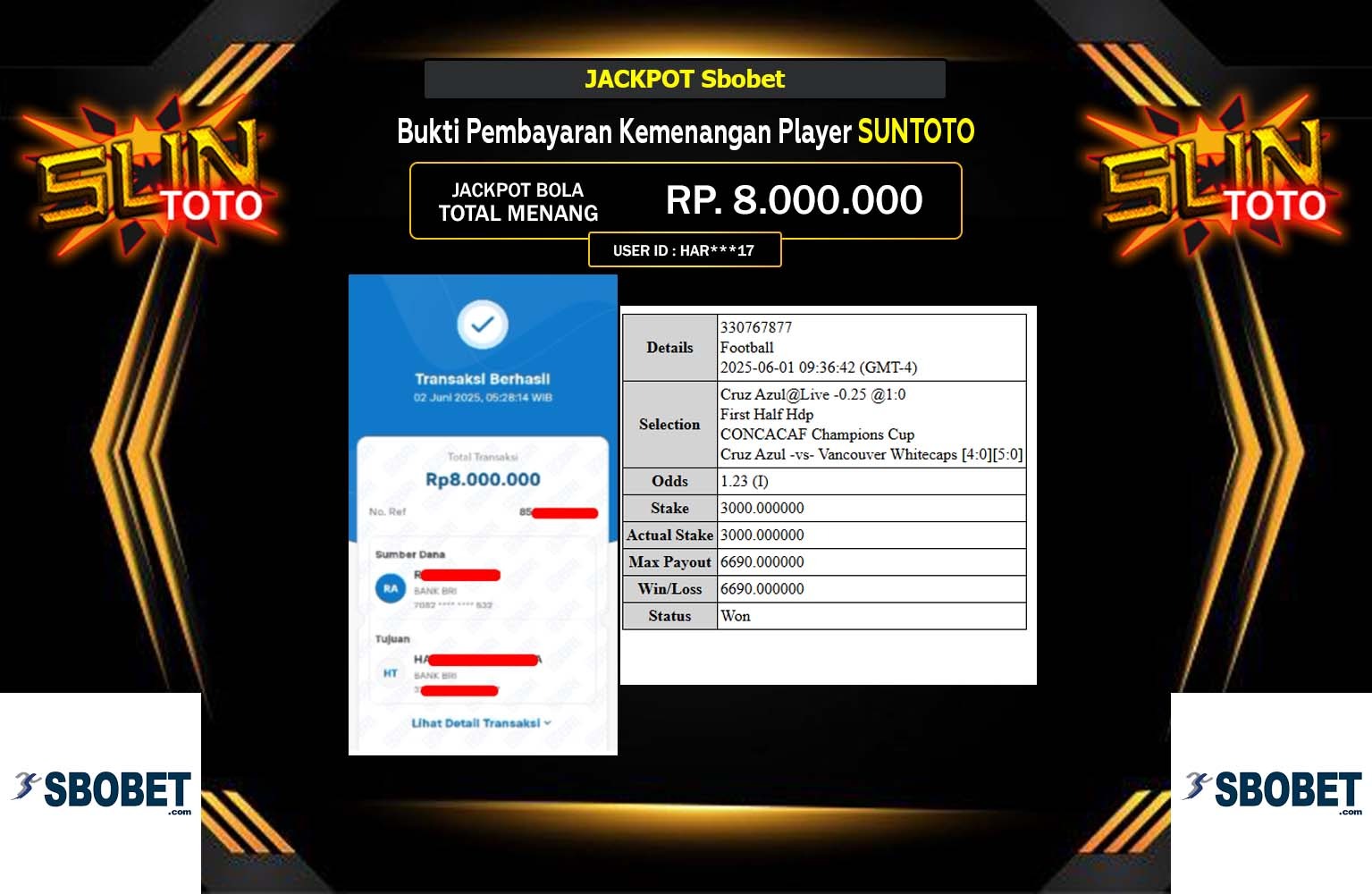 SUNTOTO JACKPOT SBOBET Rp.8.000.000,- LUNAS