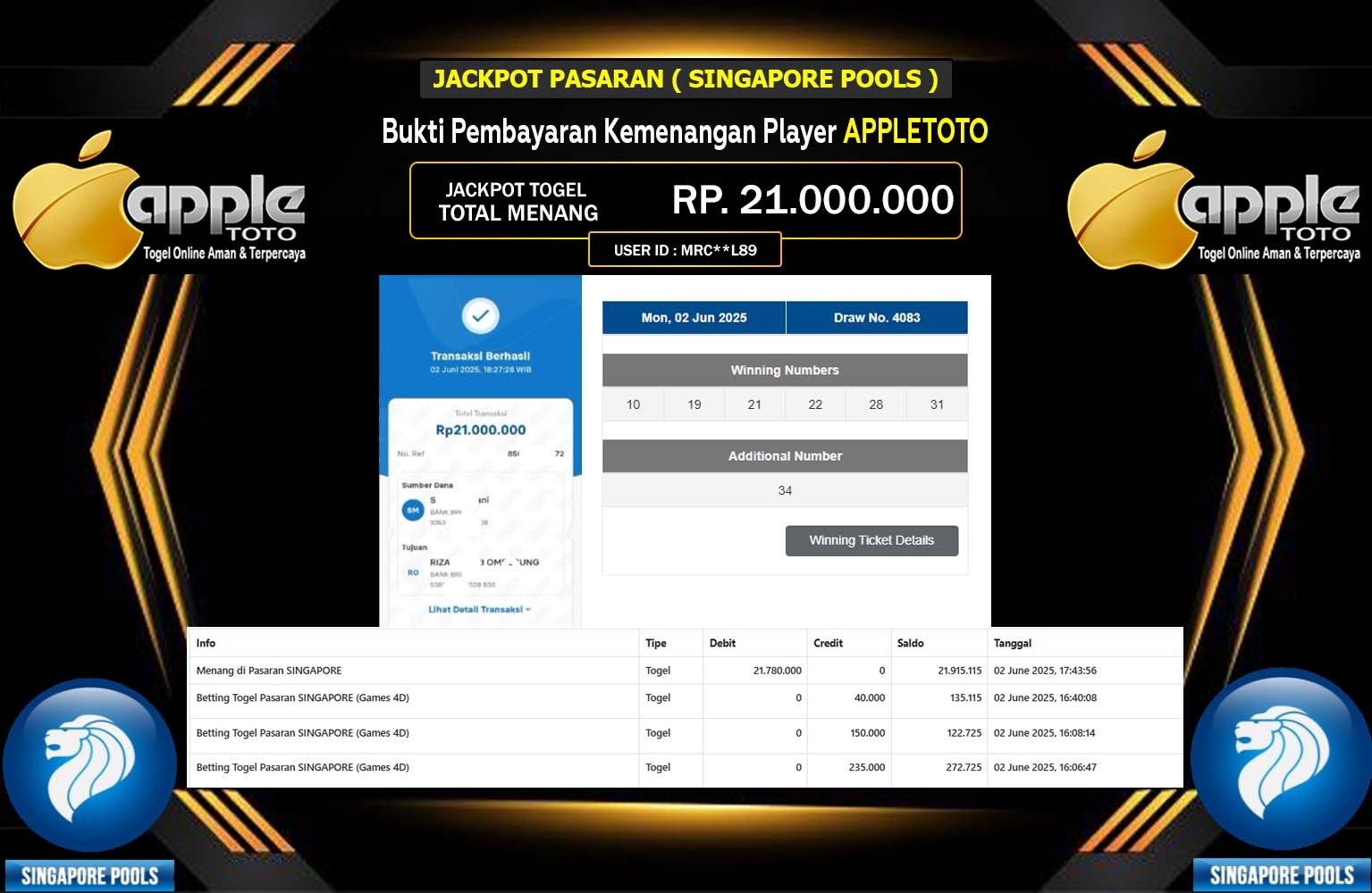 APPLETOTO JACKPOT SINGAPORE POOLS Rp.21.000.000,- LUNAS