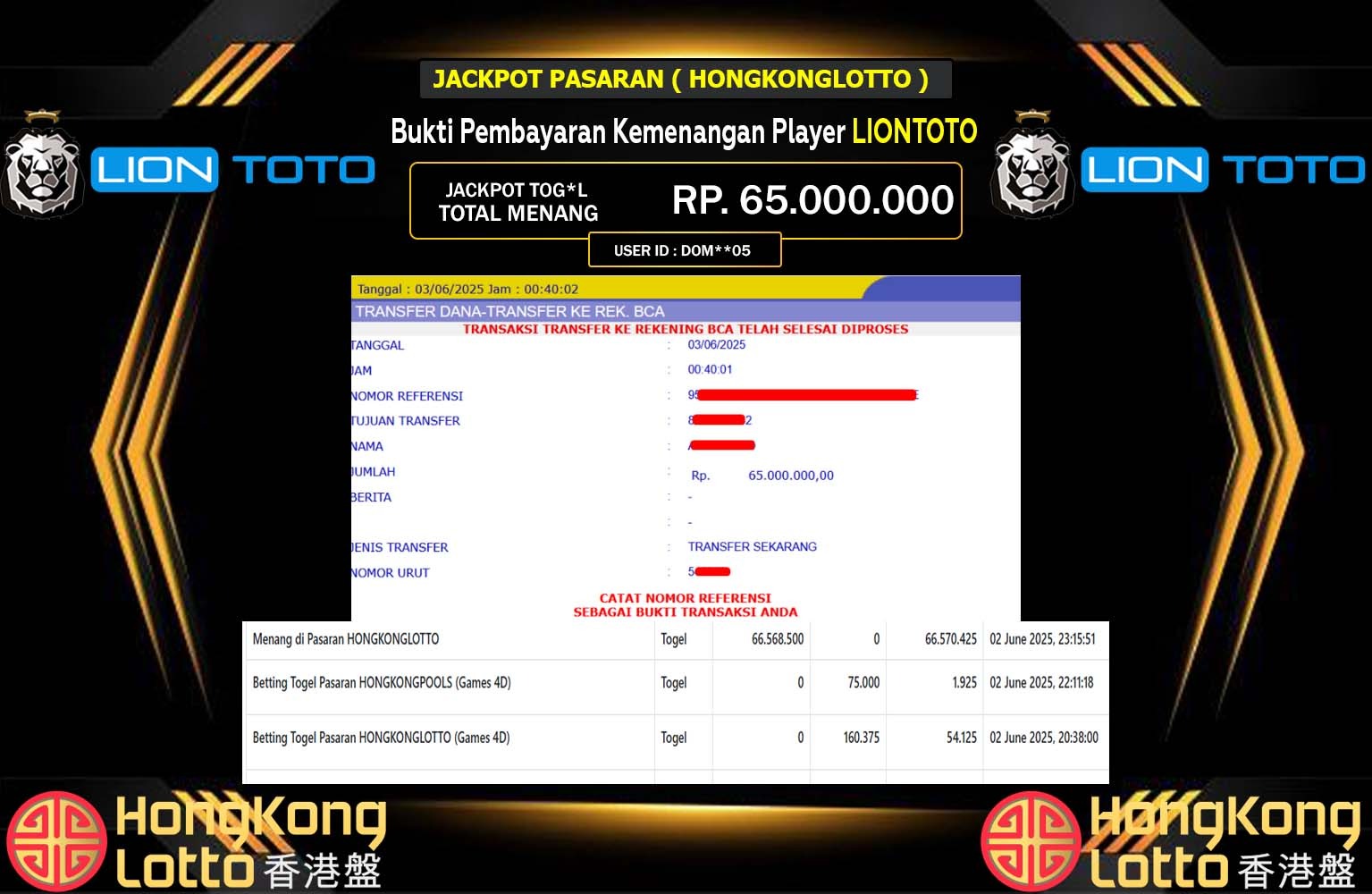 LIONTOTO JACKPOT HONGKONG LOTTO Rp.65.000.000,- LUNAS