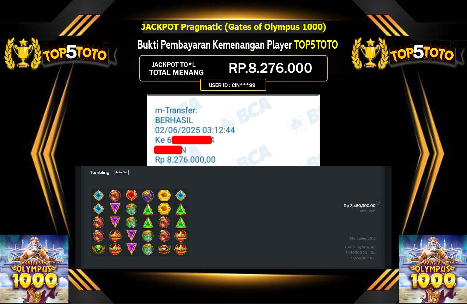 TOP5TOTO JACKPOT Pragmatic (Gates of Olympus 1000) Rp.8.276.000,- LUNAS