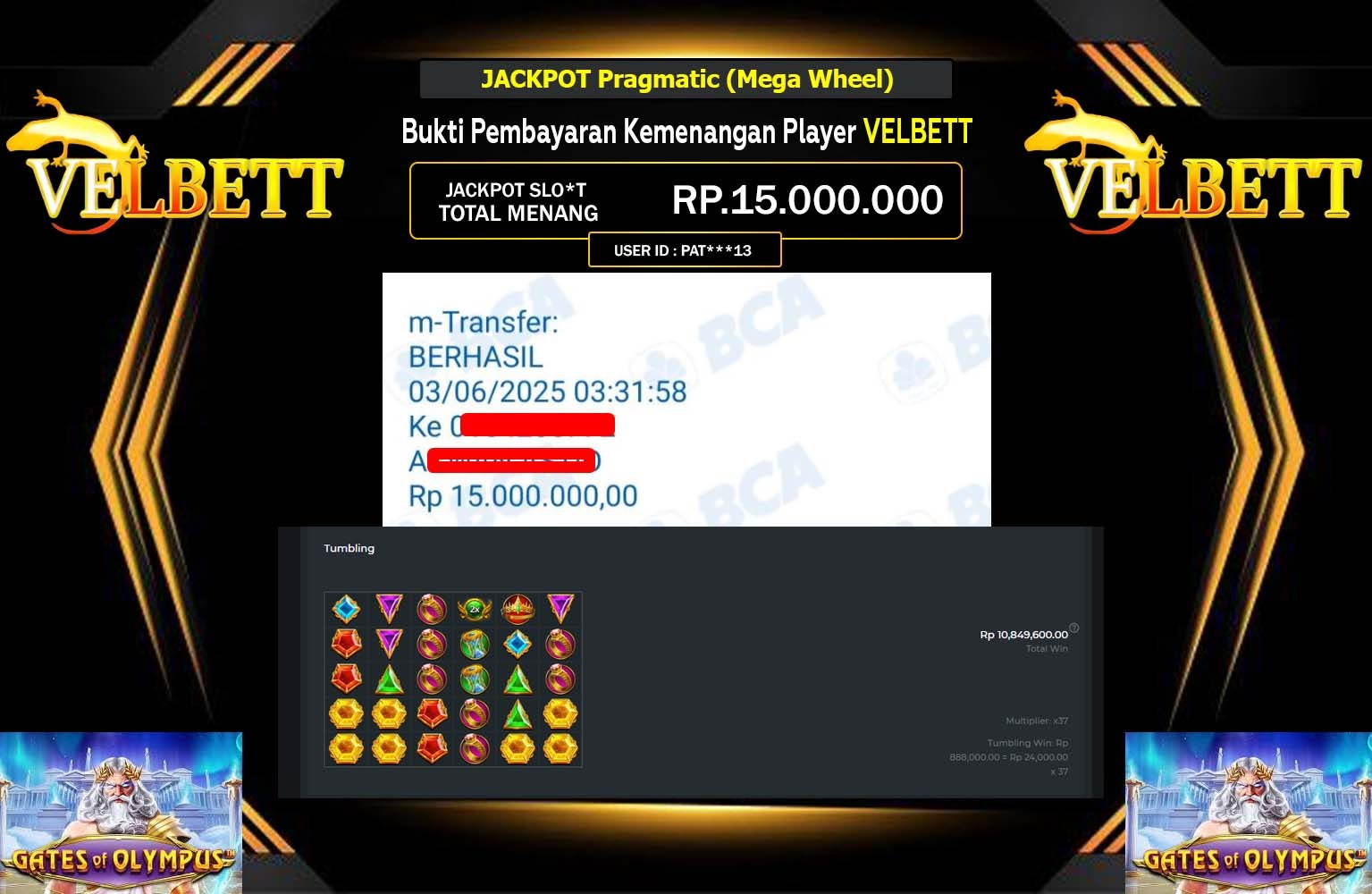 VELBETT JACKPOT Pragmatic (Gates of Olympus ) Rp.15.000.000,- LUNAS