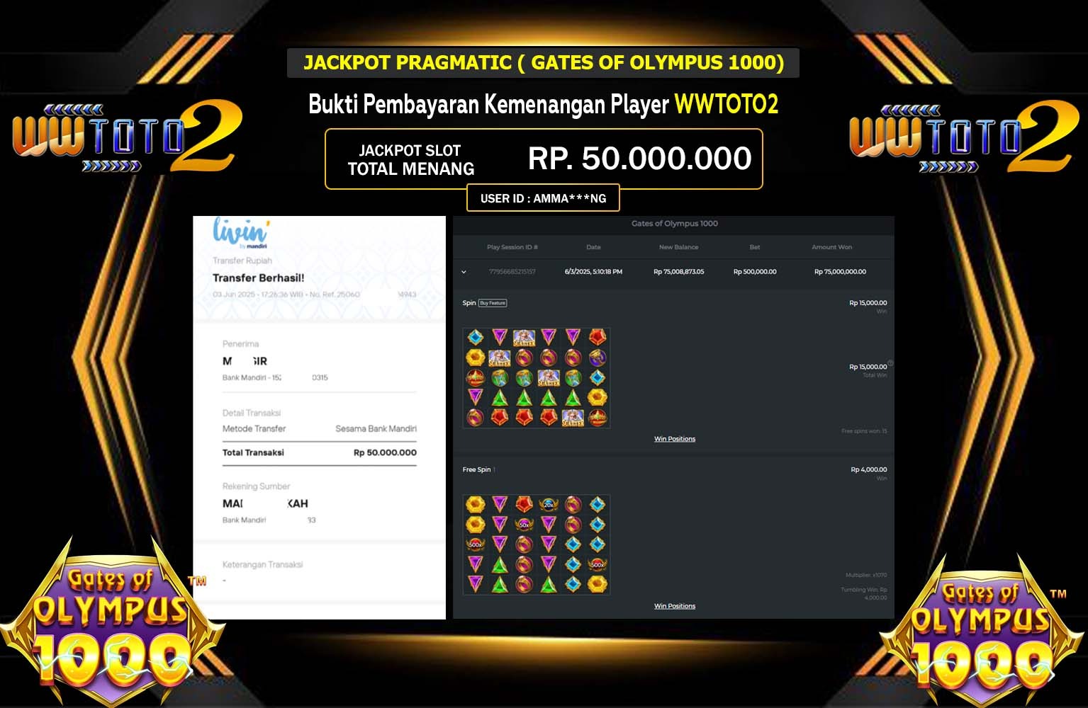 WWTOTO2 JACKPOT PRAGMATIC GATES OF OLYMPUS 1000 Rp.50.000.000,- LUNAS
