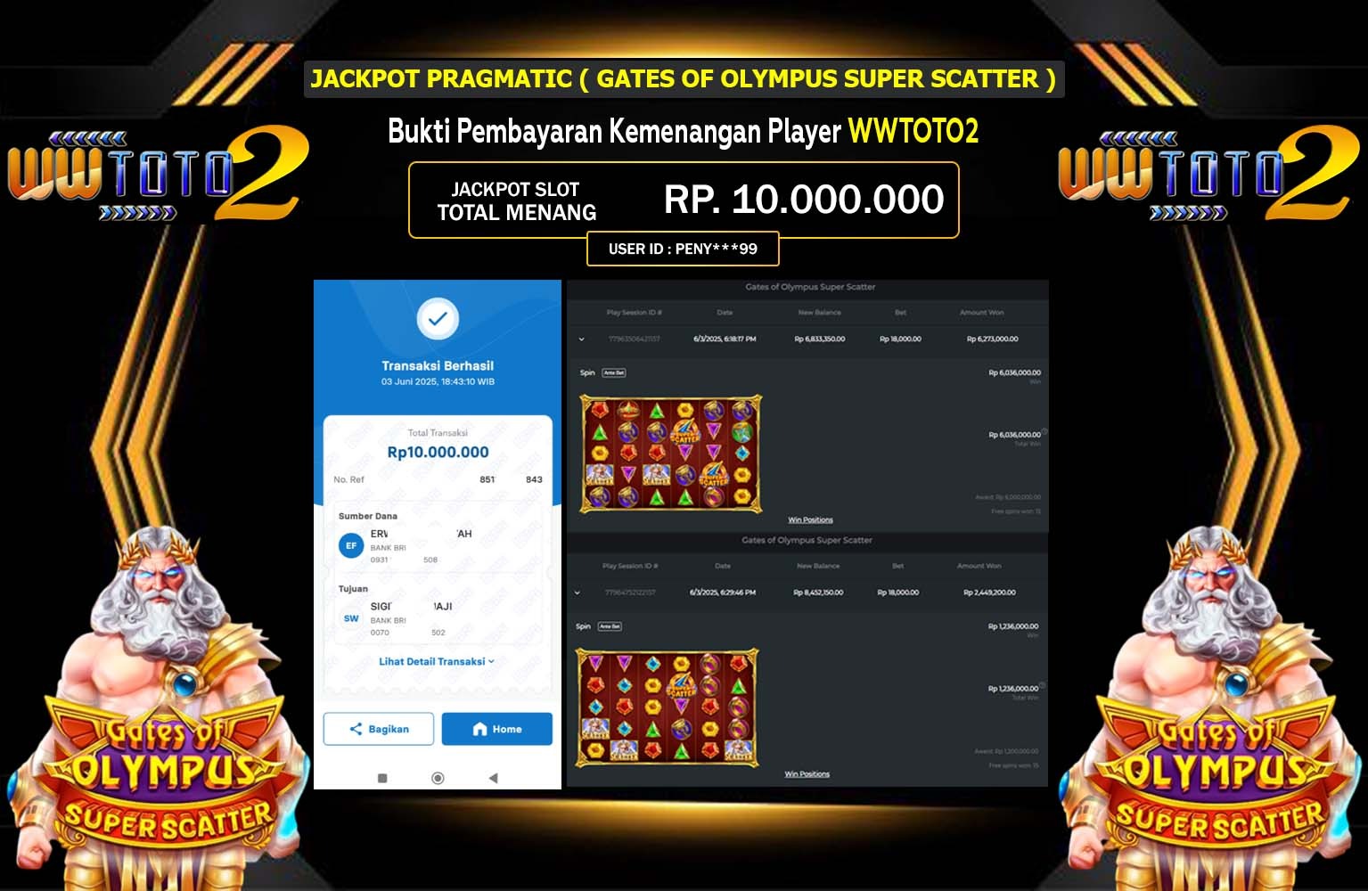 WWTOTO2 JACKPOT Gates of Olympus Super Scatter Rp.10.000.000,- LUNAS