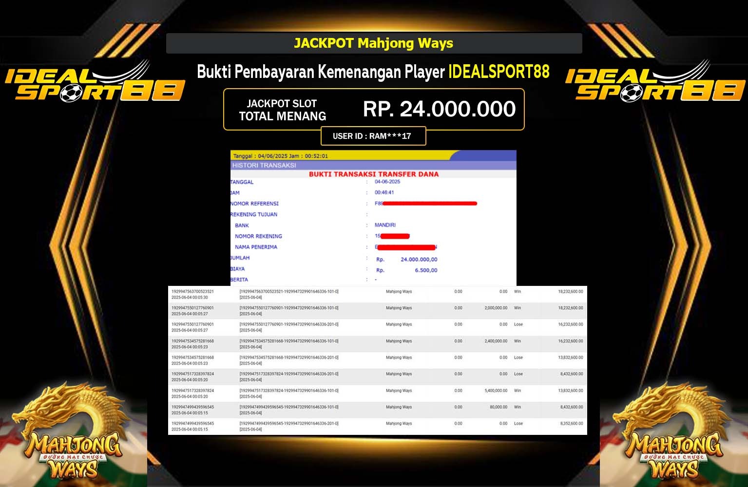 IDEALSPORT88 JACKPOT PG SOFT MAHJONG WAYS Rp.24.000.000,- LUNAS