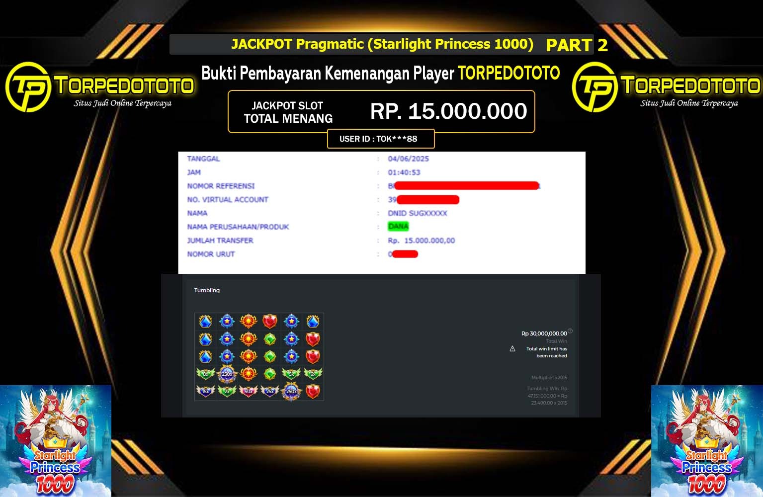 TORPEDOTOTO JACKPOT Pragmatic (Starlight Princess 1000) Rp.15.000.000,- LUNAS