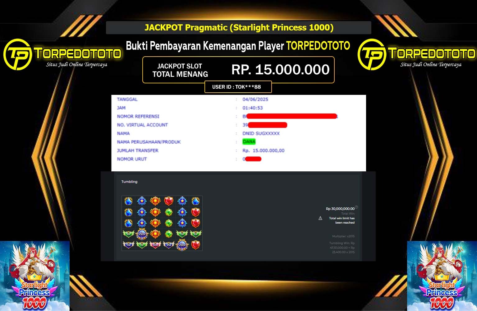 TORPEDOTOTO JACKPOT Pragmatic (Starlight Princess 1000) Rp.15.000.000,- LUNAS