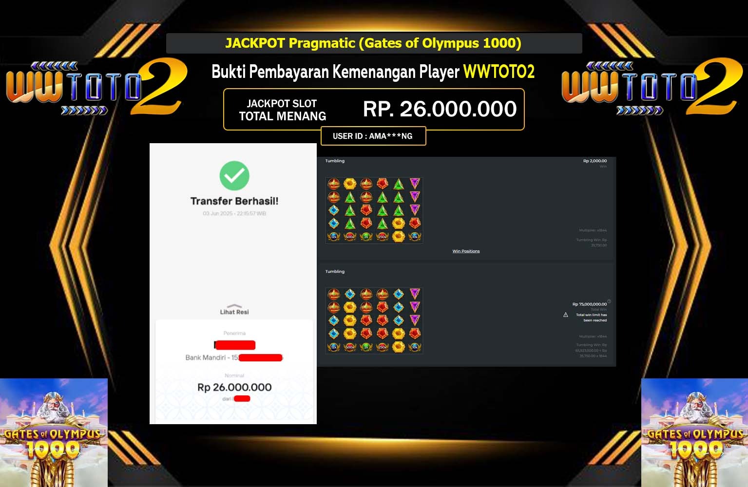 WWTOTO2 JACKPOT PRAGMATIC GATES OF OLYMPUS 1000 Rp.26.000.000,- LUNAS