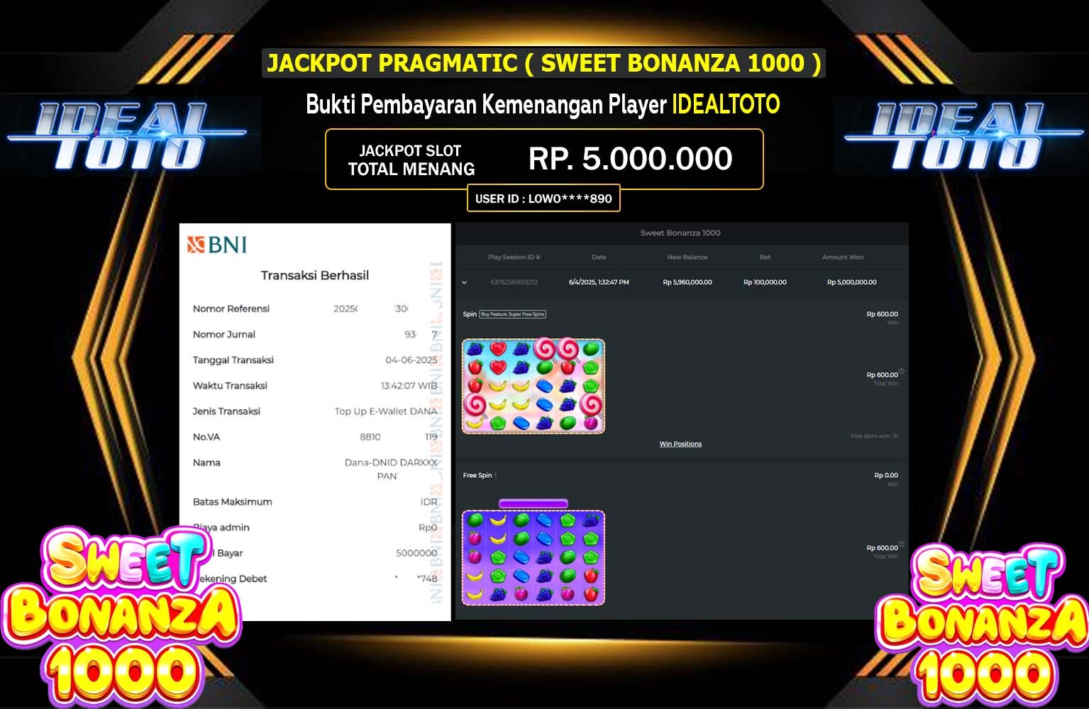 IDEALTOTO JACKPOT Pragmatic (Sweet Bonanza 1000) Rp.5.000.000,- LUNAS