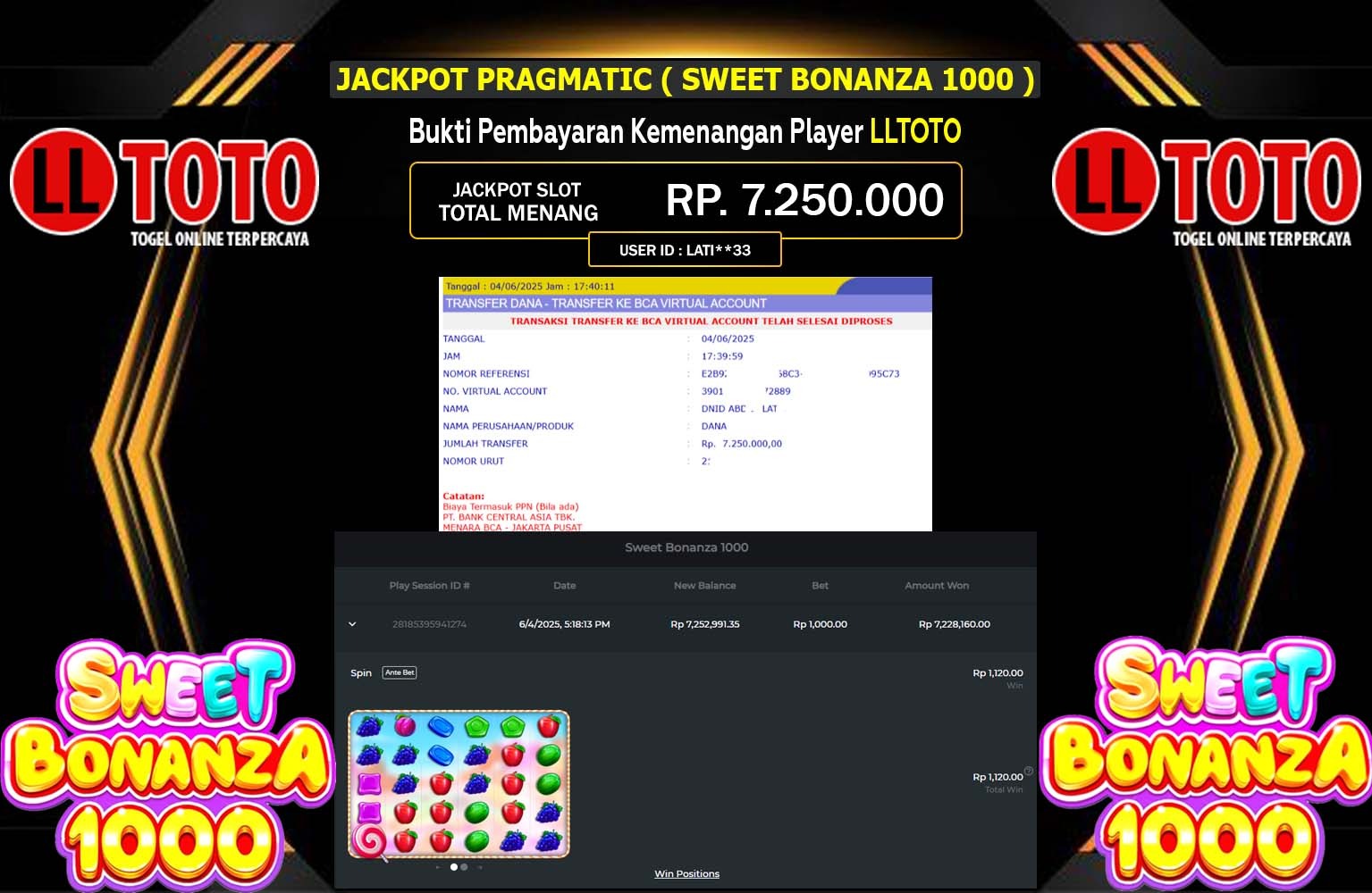 LLTOTO JACKPOT SWEET BONANZA 1000 Rp.7.250.000,- LUNAS