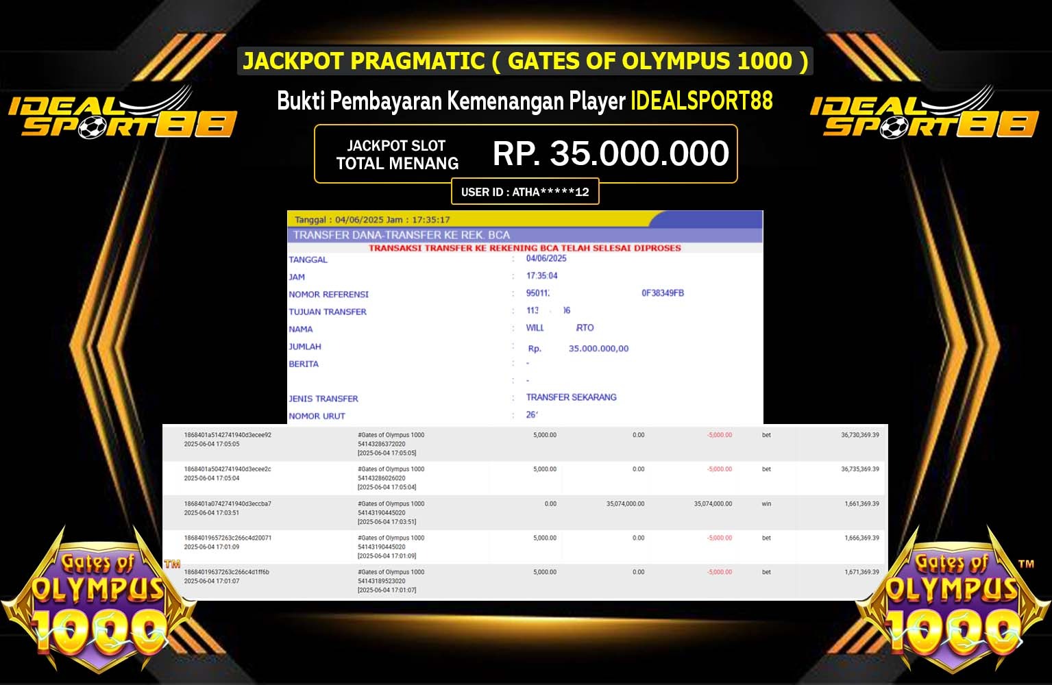 IDEALSPORT88 JACKPOT GATES OF OLYMPUS 1000 Rp.35.000.000,- LUNAS