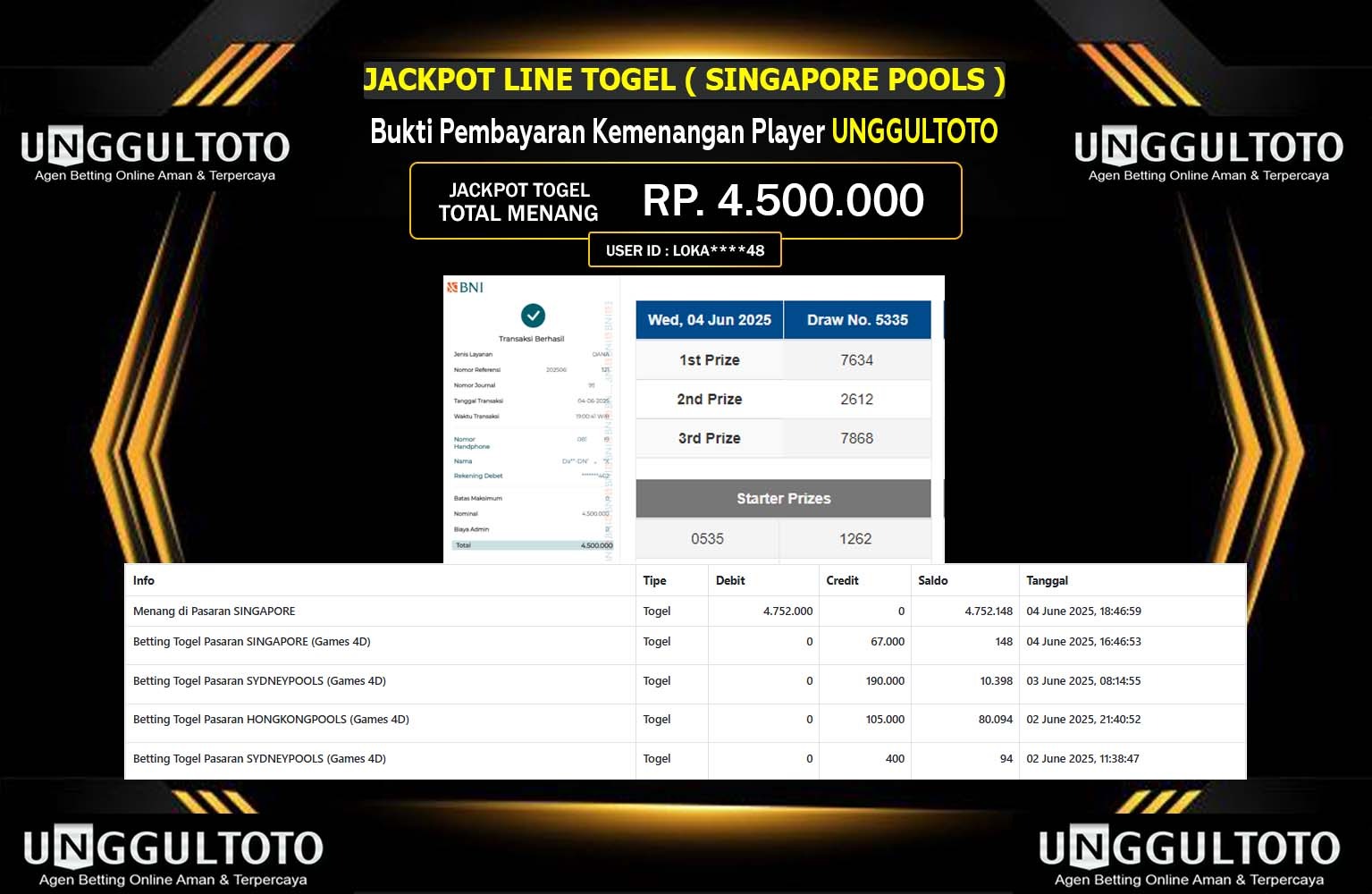 UNGGULTOTO JACKPOT PASARAN SINGAPORE POOLS Rp.4.500.000,- LUNAS