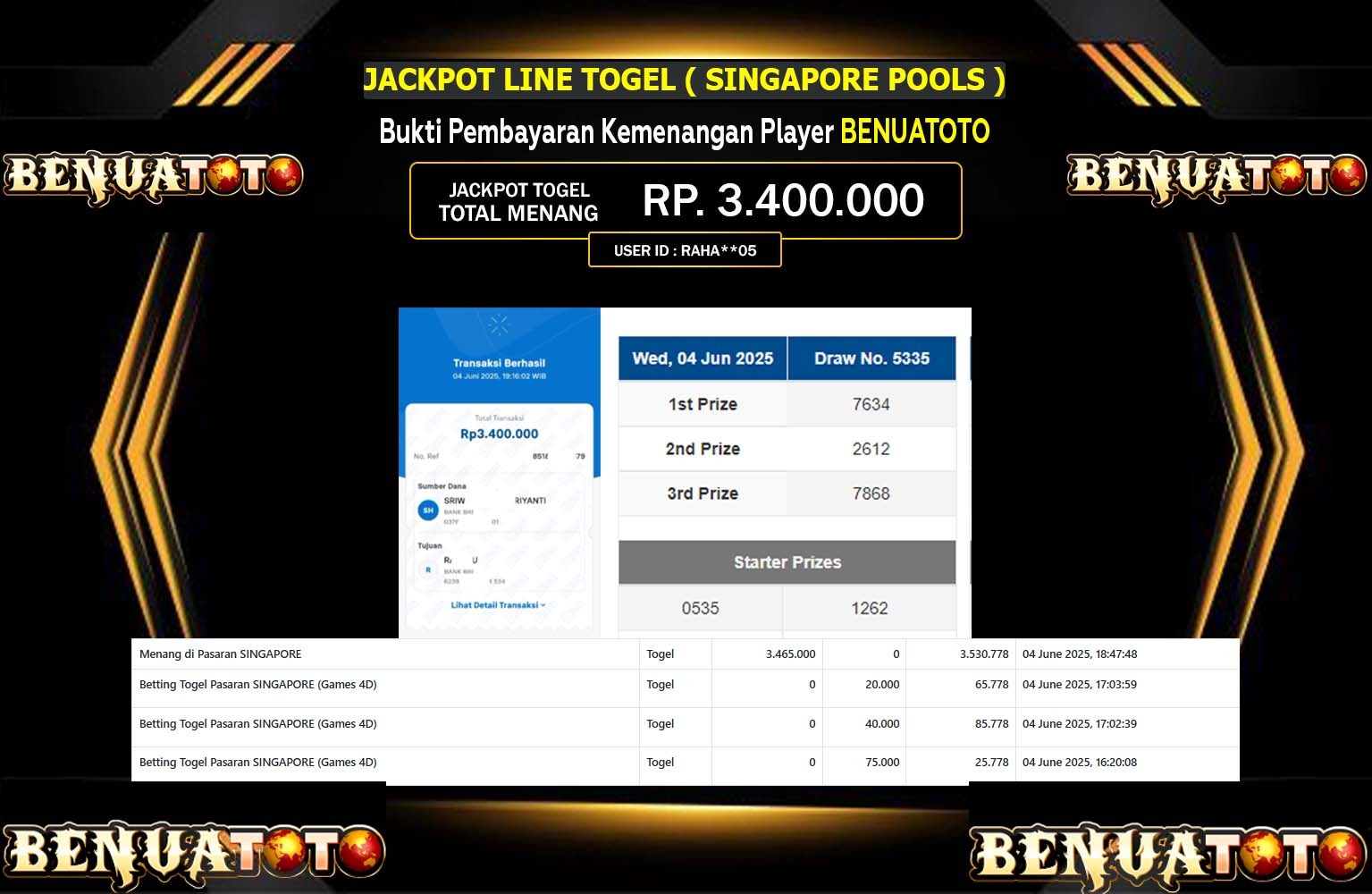 BENUATOTO JACKPOT PASARAN SINGAPORE POOLS Rp.3.400.000,- LUNAS