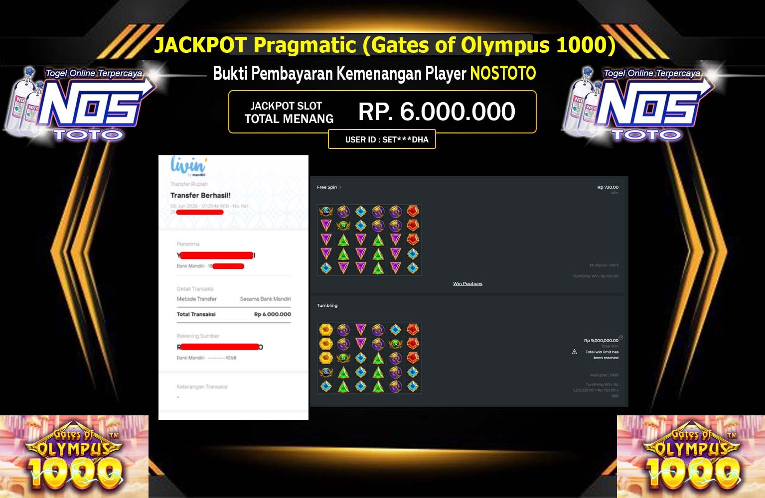 NOSTOTO JACKPOT GATES OF OLYMPUS 1000  Rp.6.000.000,- LUNAS