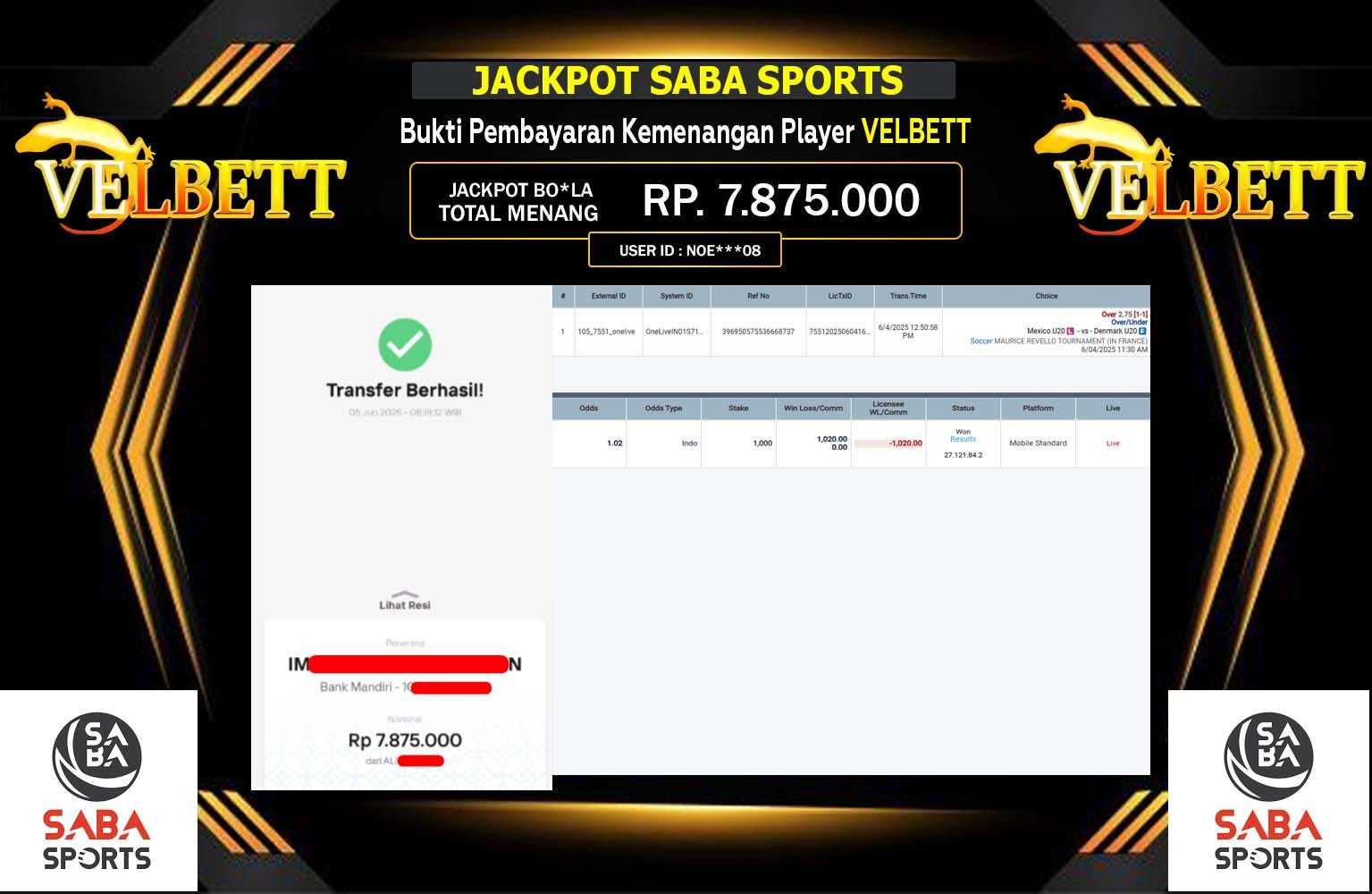 VELBETT JACKPOT SABA SPORT Rp.7.875.000,- LUNAS