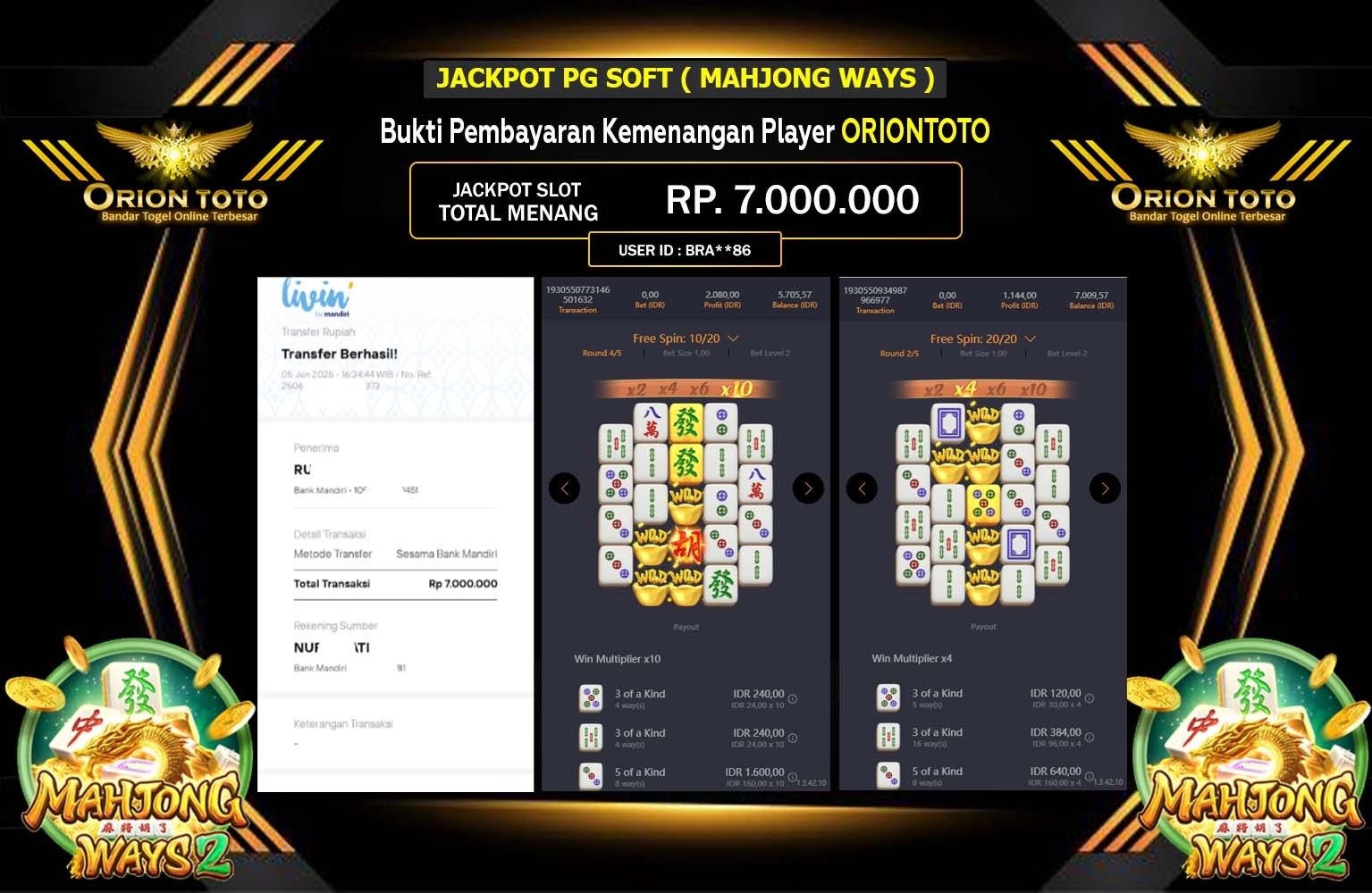 ORIONTOTO JACKPOT PG SOFT MAHJONG WAYS 2 Rp.7.000.000,- LUNAS