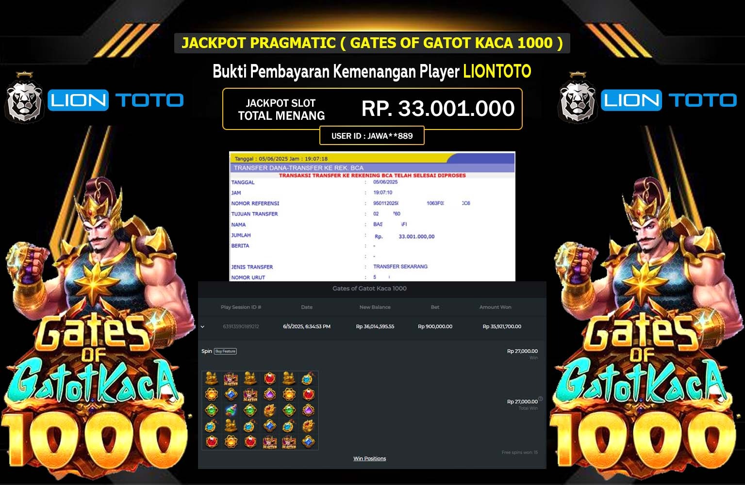 LIONTOTO JACKPOT GATES OF GATOT KACA 1000 Rp.33.001.000,- LUNAS