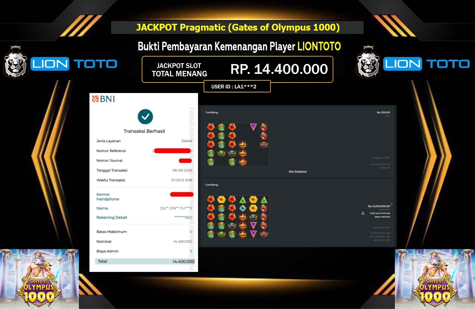 LIONTOTO JACKPOT Pragmatic (Gates of Olympus 1000)Rp.14.400.000,- LUNAS