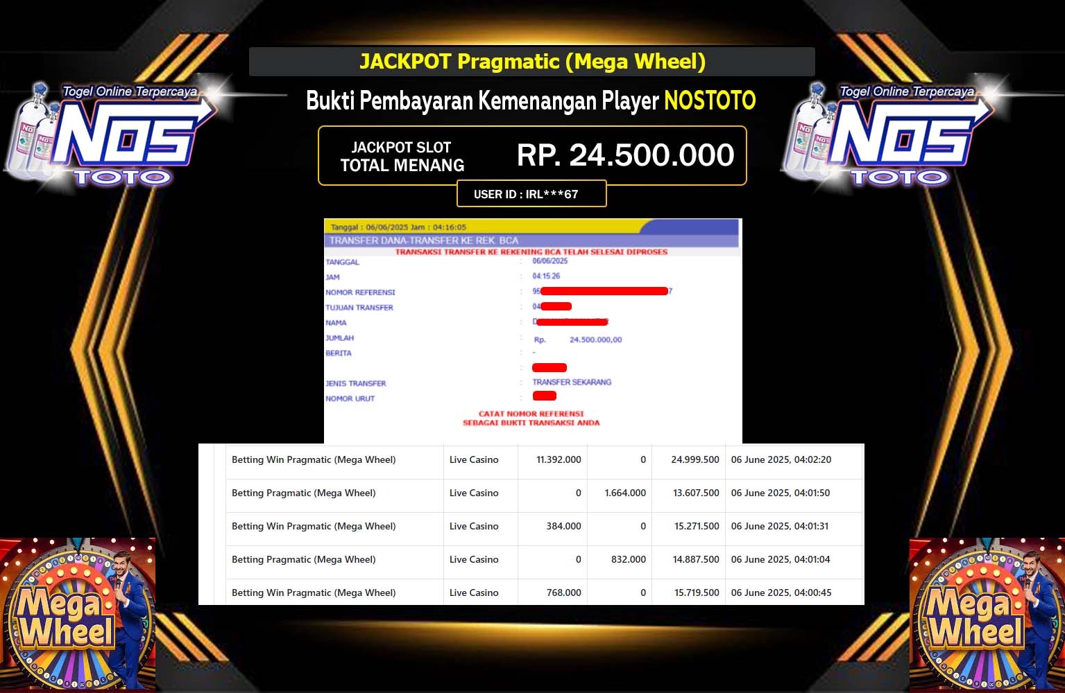 NOSTOTO JACKPOT Pragmatic (Mega Wheel)  Rp.24.500.000,- LUNAS