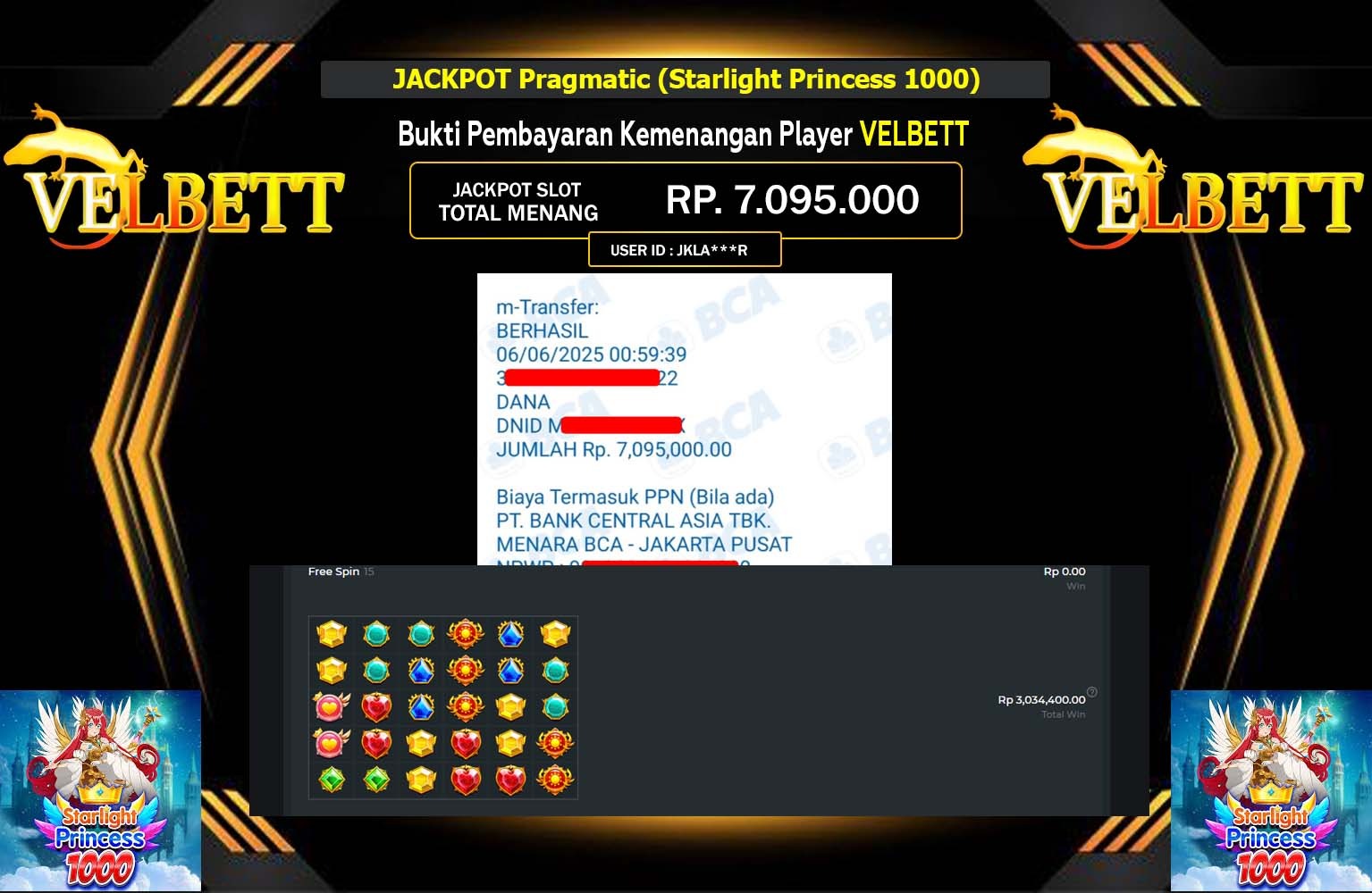 VELBETT JACKPOT Pragmatic (Starlight Princess 1000) Rp.7.095.000,- LUNAS