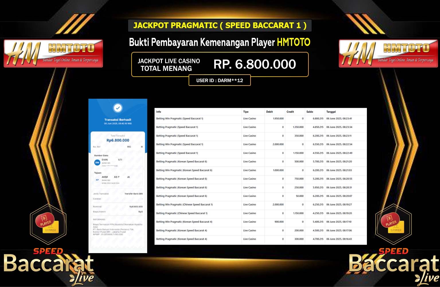 HMTOTO JACKPOT SPEED BACCARAT 1 Rp.6.800.000,- LUNAS