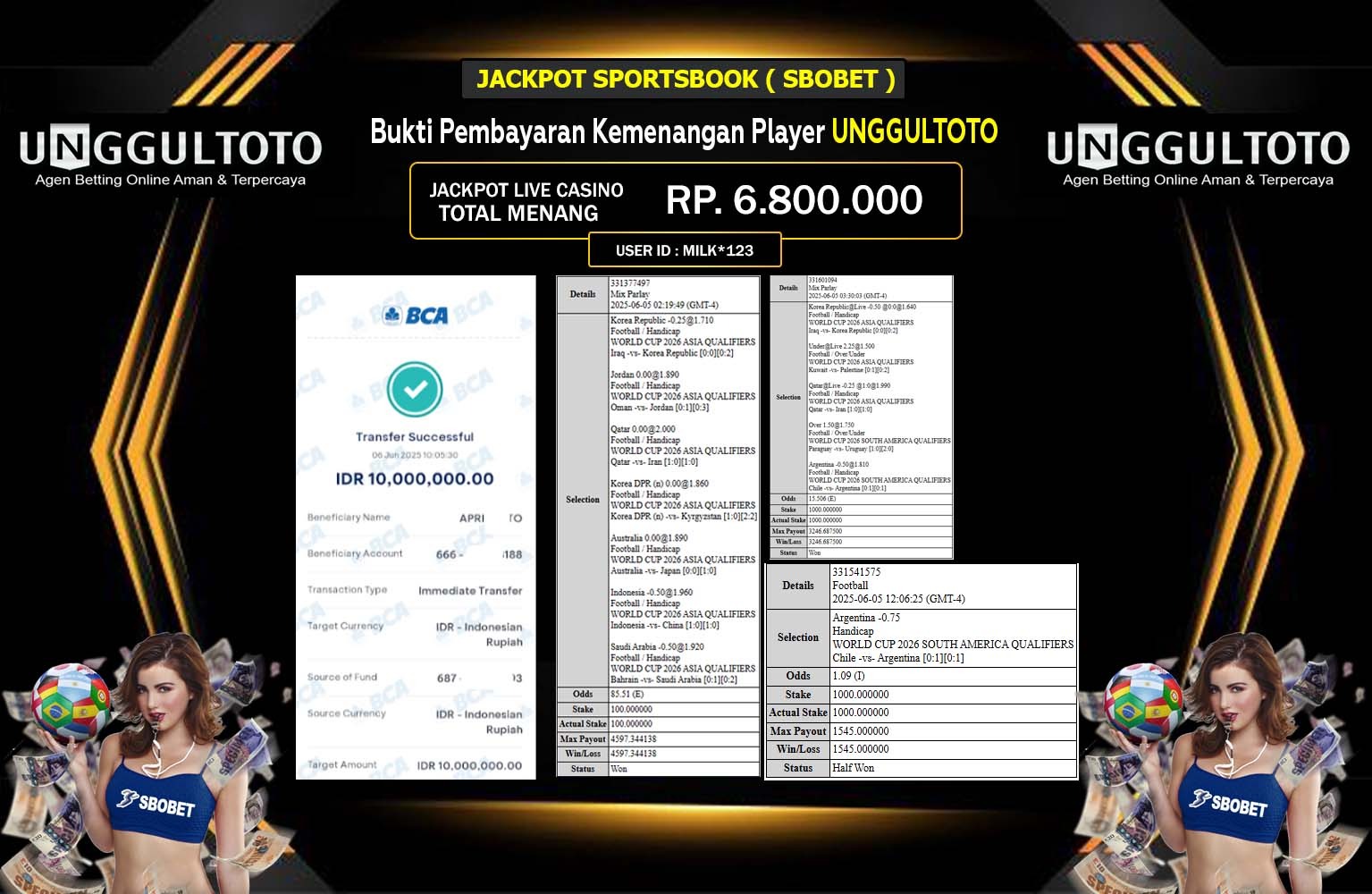 UNGGULTOTO JACKPOT SPORTSBOOK SBOBET Rp.10.000.000,- LUNAS
