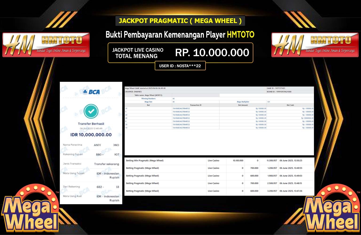 HMTOTO JACKPOT Pragmatic (Mega Wheel) Rp.10.000.000,- LUNAS