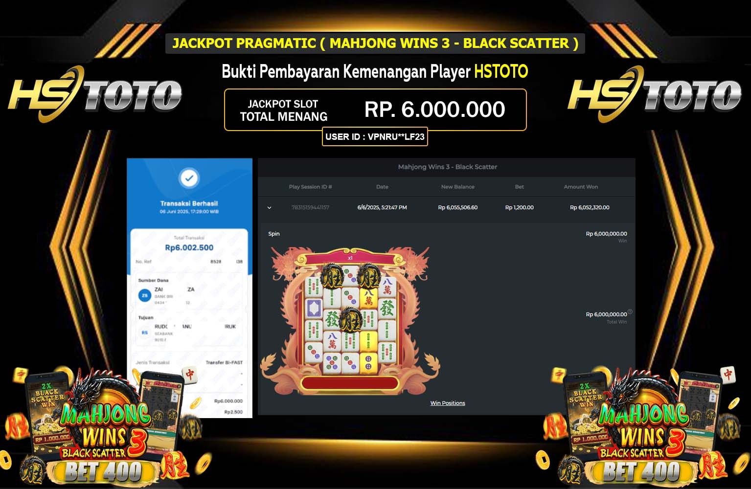 HSTOTO JACKPOT MAHJONG WINS 3 - BLACK SCATTER Rp.6.000.000,- LUNAS