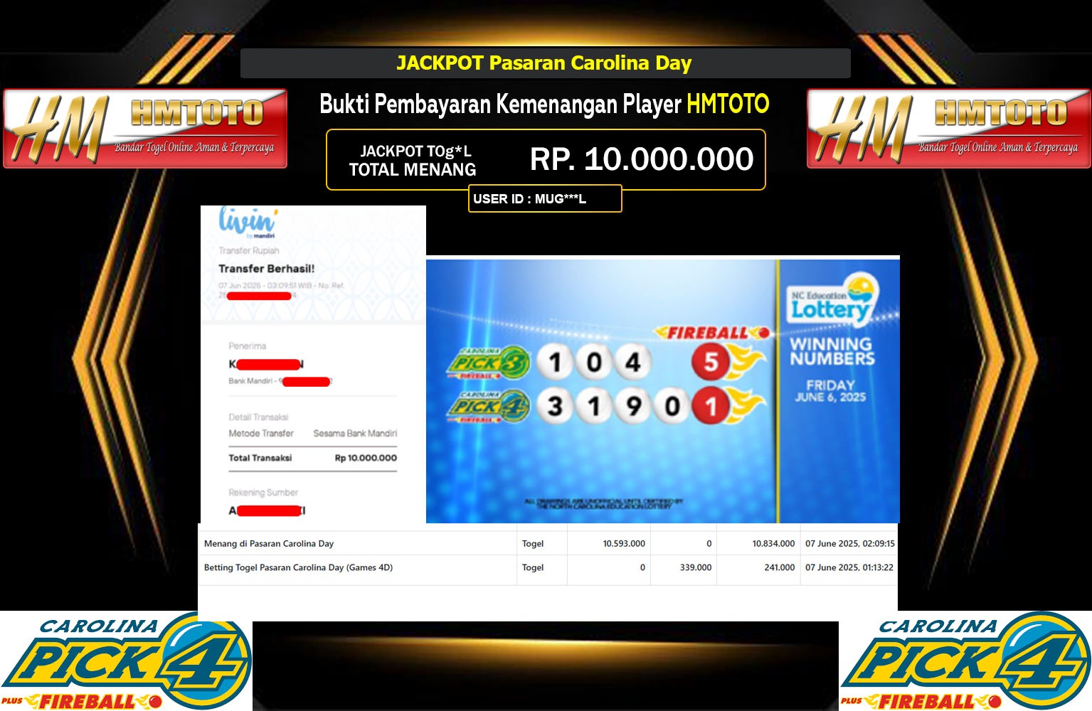 HMTOTO JACKPOT PASARAN Carolina DayRp.10.000.000,- LUNAS