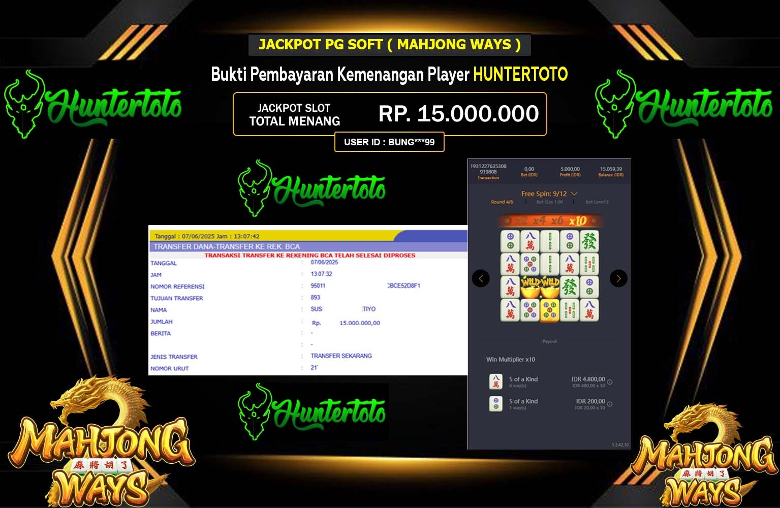 HUNTERTOTO JACKPOT PG SOFT MAHJONG WAYS Rp.15.000.000,- LUNAS