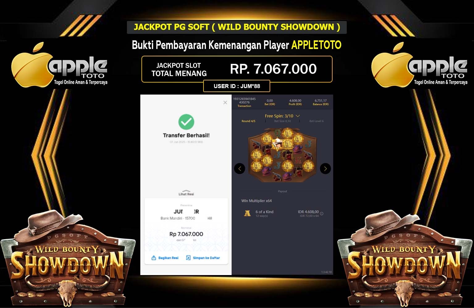 APPLETOTO JACKPOT PG SOFT WILD BOUNTY SHOWDWON Rp.7.067.000,- LUNAS