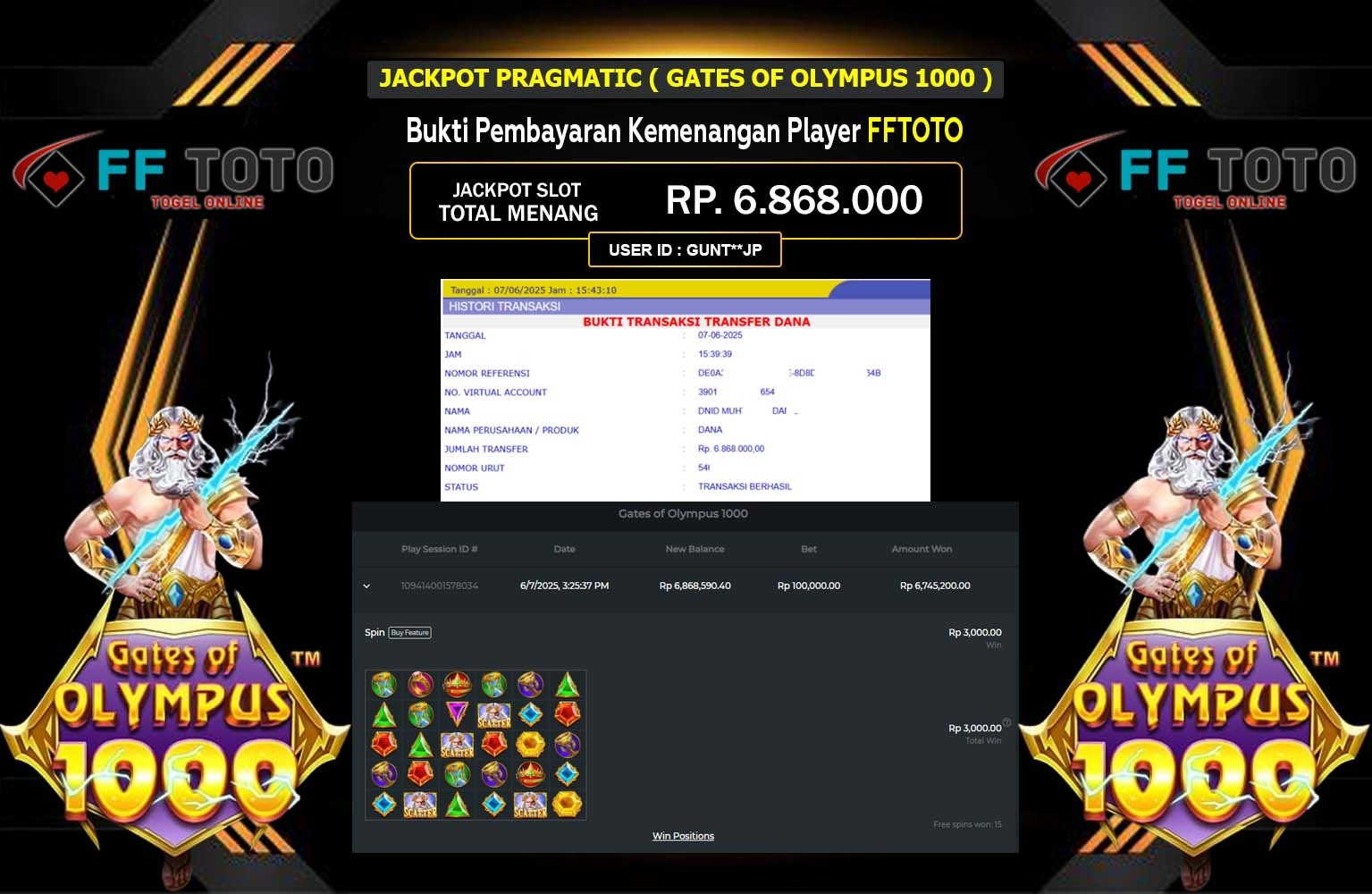 FFTOTO JACKPOT PRAGMATIC GATES OF OLYMPUS 1000 Rp.6.868.000,- LUNAS