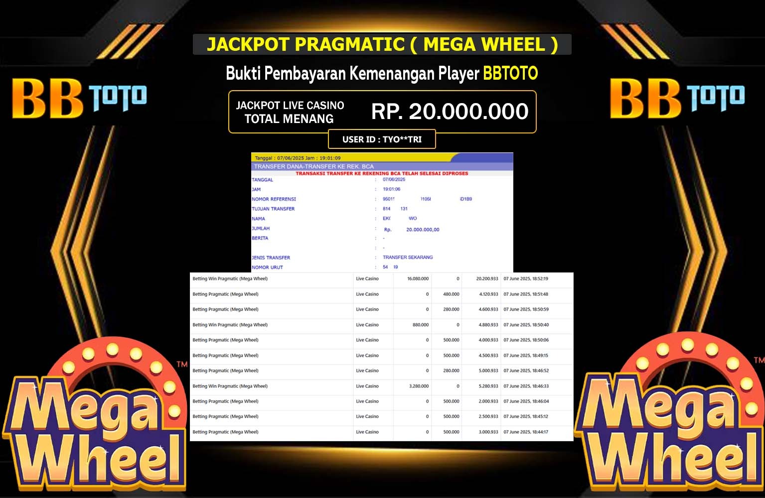 BBTOTO JACKPOT PRAGMATIC MEGA WHEEL Rp.20.000.000,- LUNAS